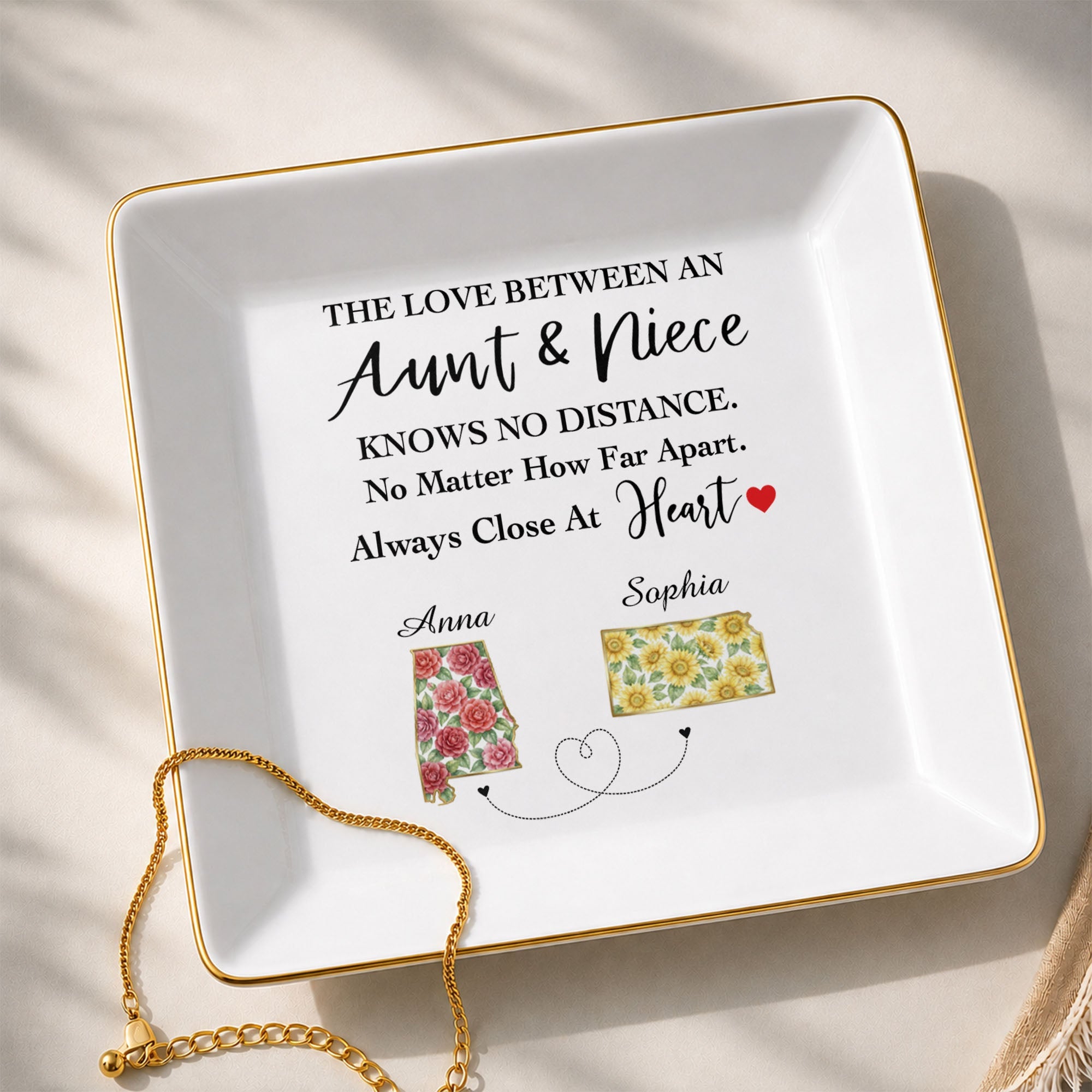 The Love Between An Aunt And Niece Flower State Art - Personalized Custom Jewelry Dish, Square Ceramic Dish - AUNT029_SCRD