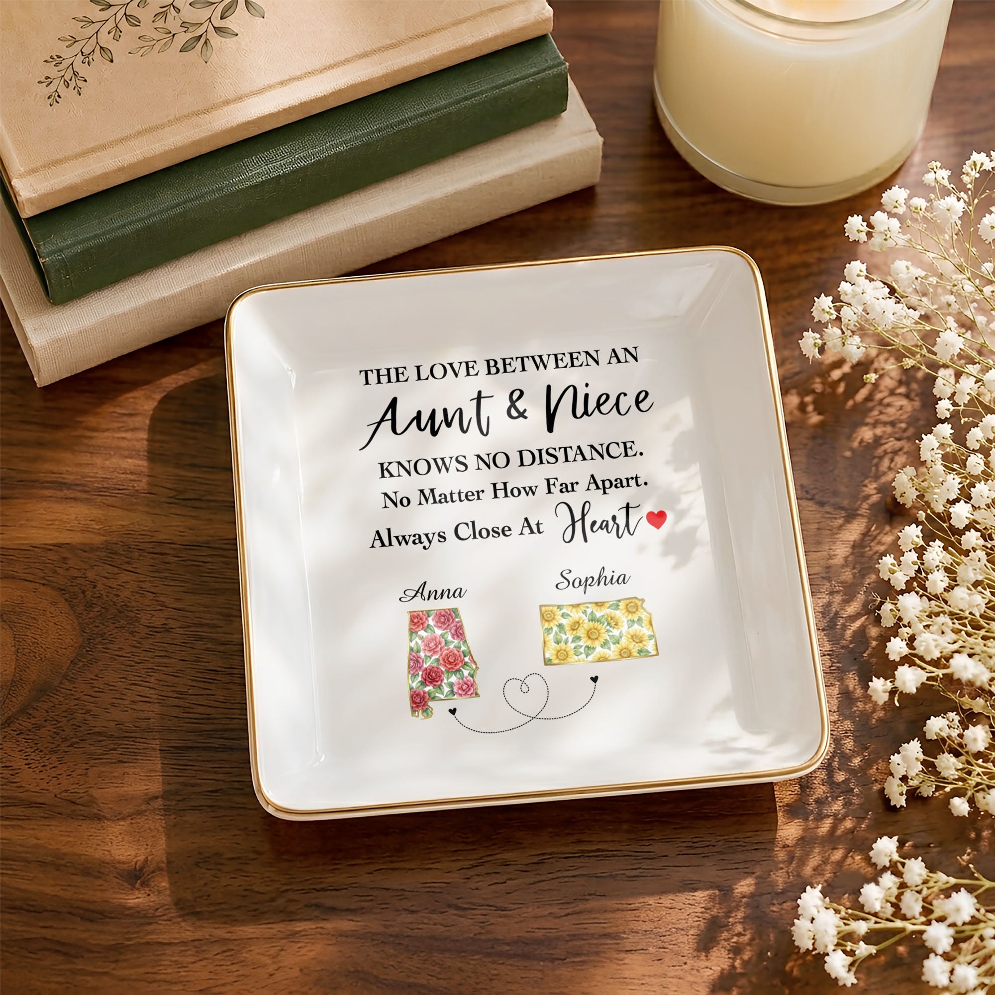 The Love Between An Aunt And Niece Flower State Art - Personalized Custom Jewelry Dish, Square Ceramic Dish - AUNT029_SCRD