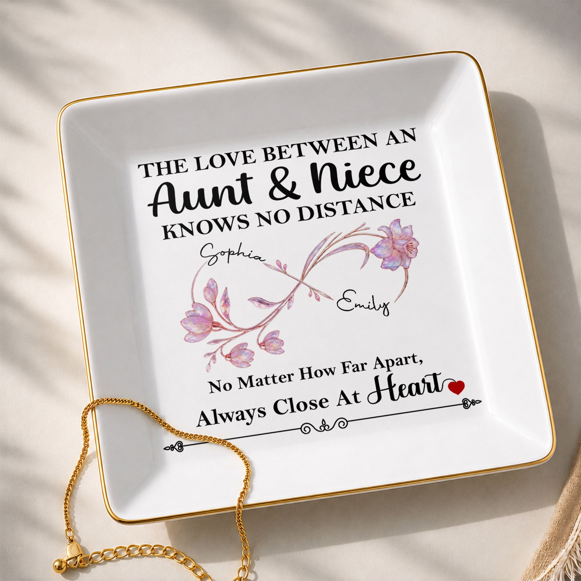 The Love Between An Aunt And Niece Birth Month Flowers Infinity - Personalized Custom Jewelry Dish, Square Ceramic Dish - AUNT031_SCRD