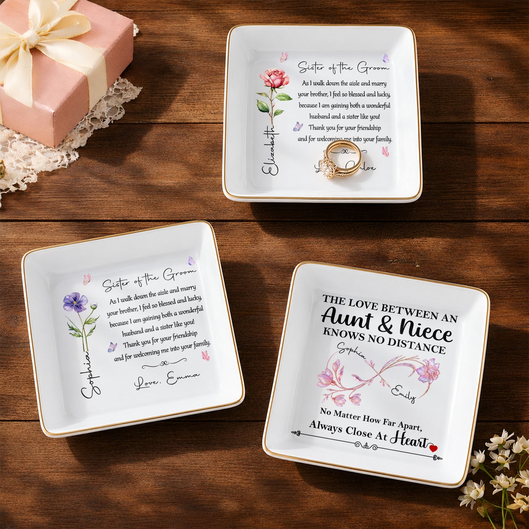 The Love Between An Aunt And Niece Birth Month Flowers Infinity - Personalized Custom Jewelry Dish, Square Ceramic Dish - AUNT031_SCRD