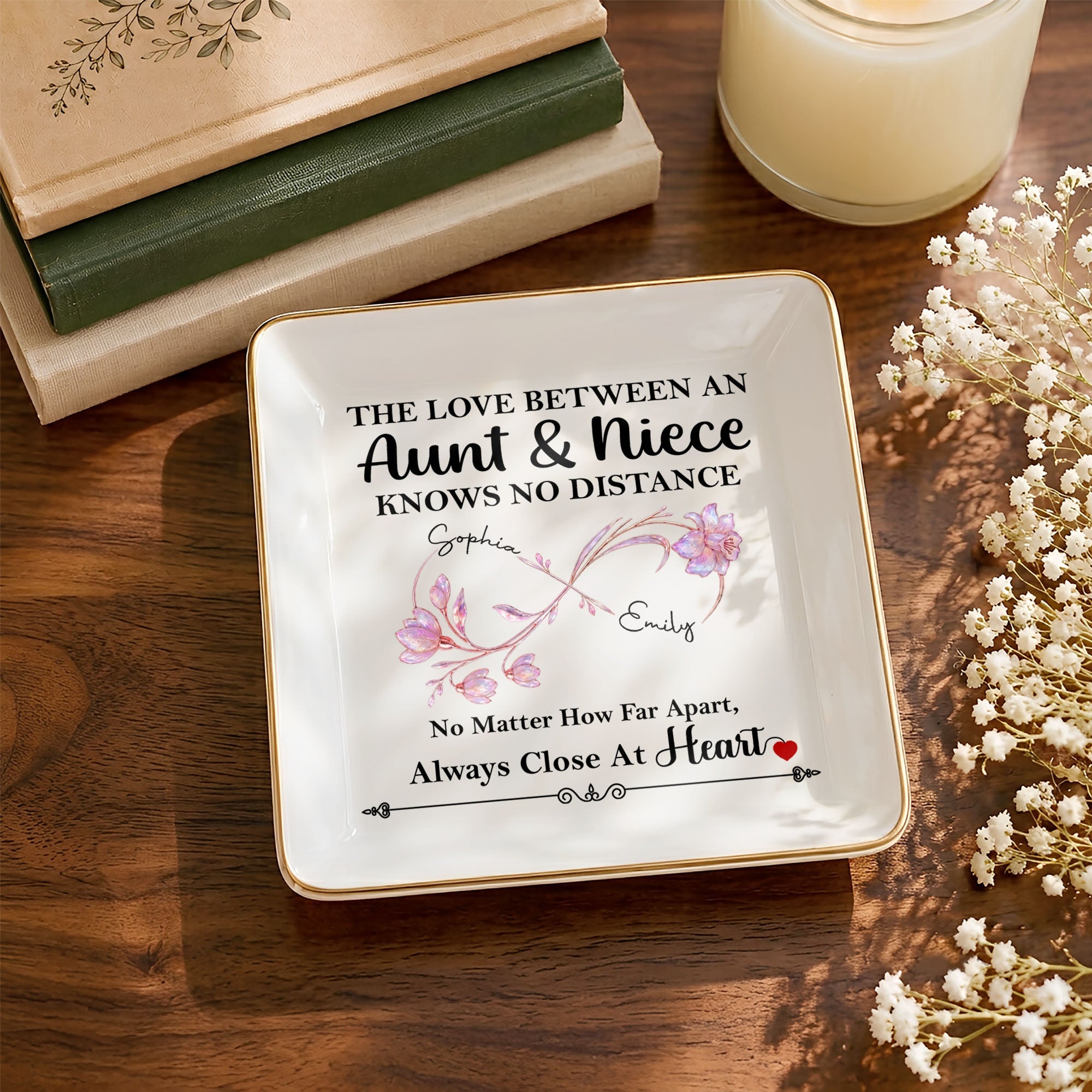 The Love Between An Aunt And Niece Birth Month Flowers Infinity - Personalized Custom Jewelry Dish, Square Ceramic Dish - AUNT031_SCRD