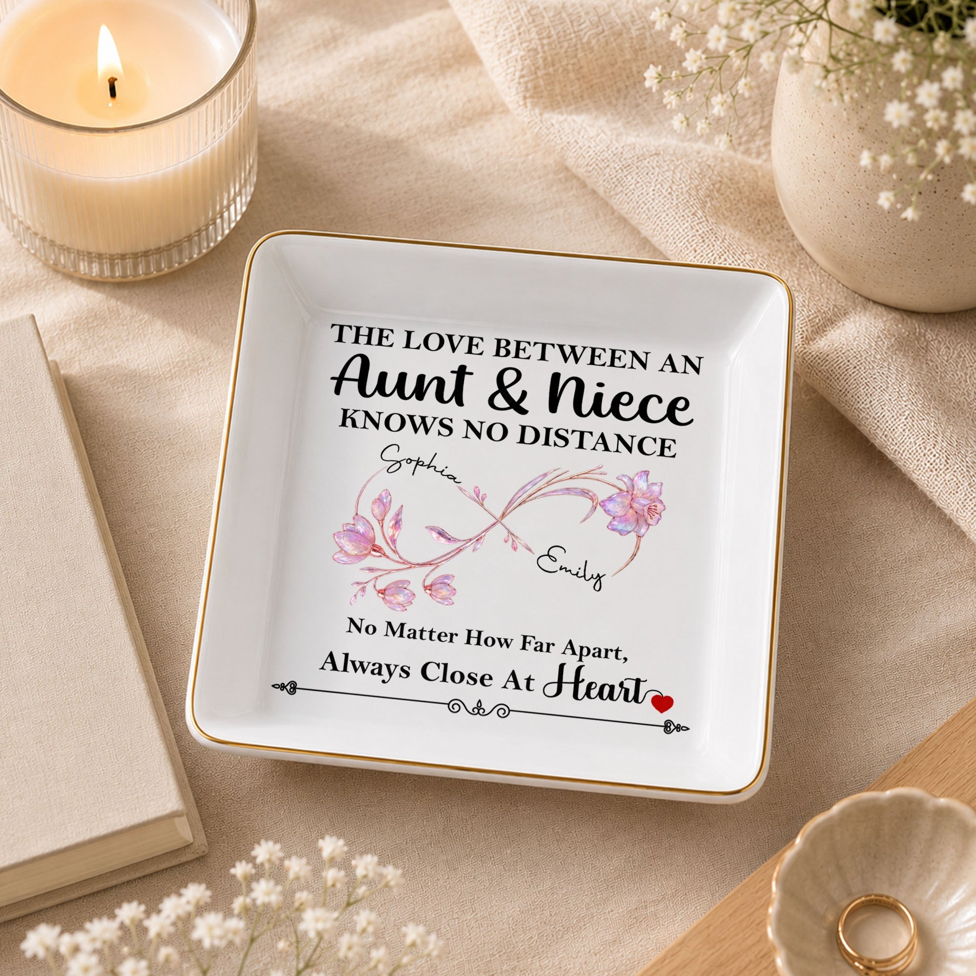 The Love Between An Aunt And Niece Birth Month Flowers Infinity - Personalized Custom Jewelry Dish, Square Ceramic Dish - AUNT031_SCRD