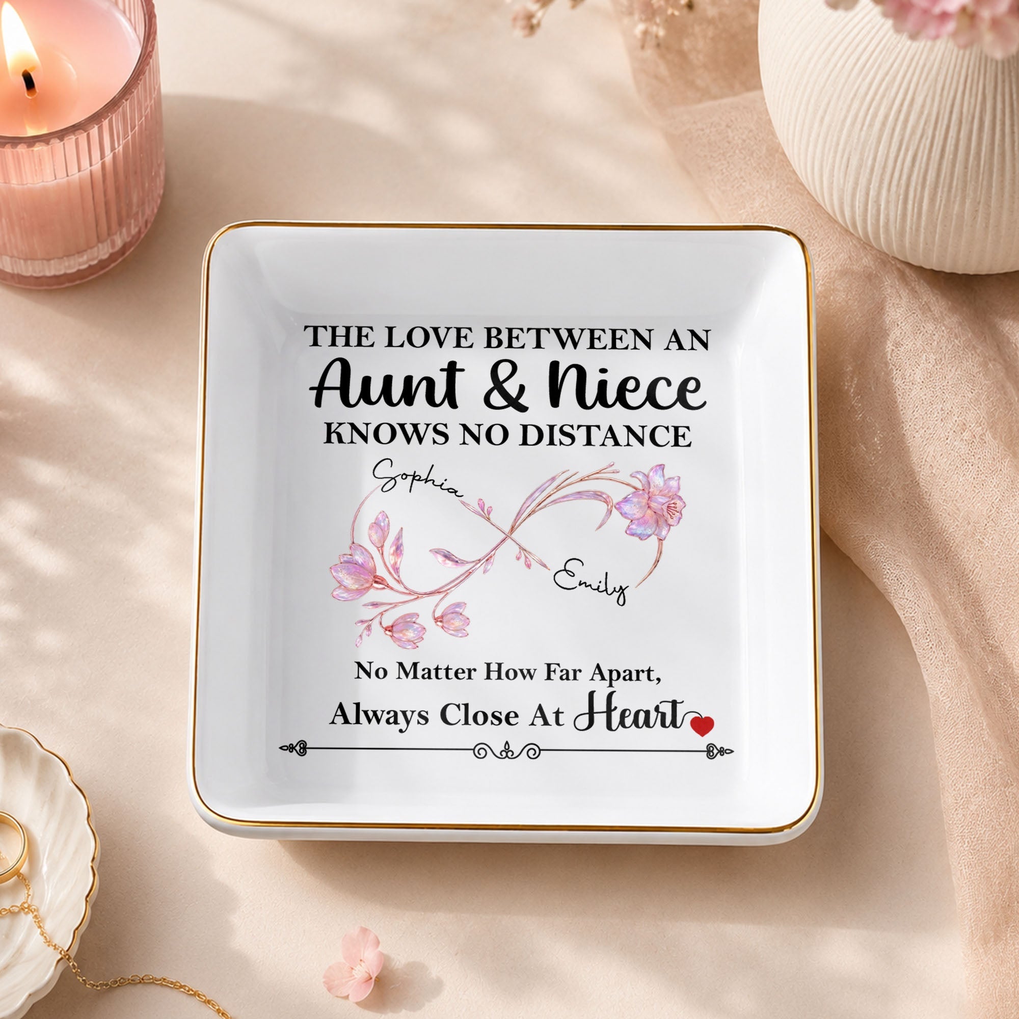The Love Between An Aunt And Niece Birth Month Flowers Infinity - Personalized Custom Jewelry Dish, Square Ceramic Dish - AUNT031_SCRD