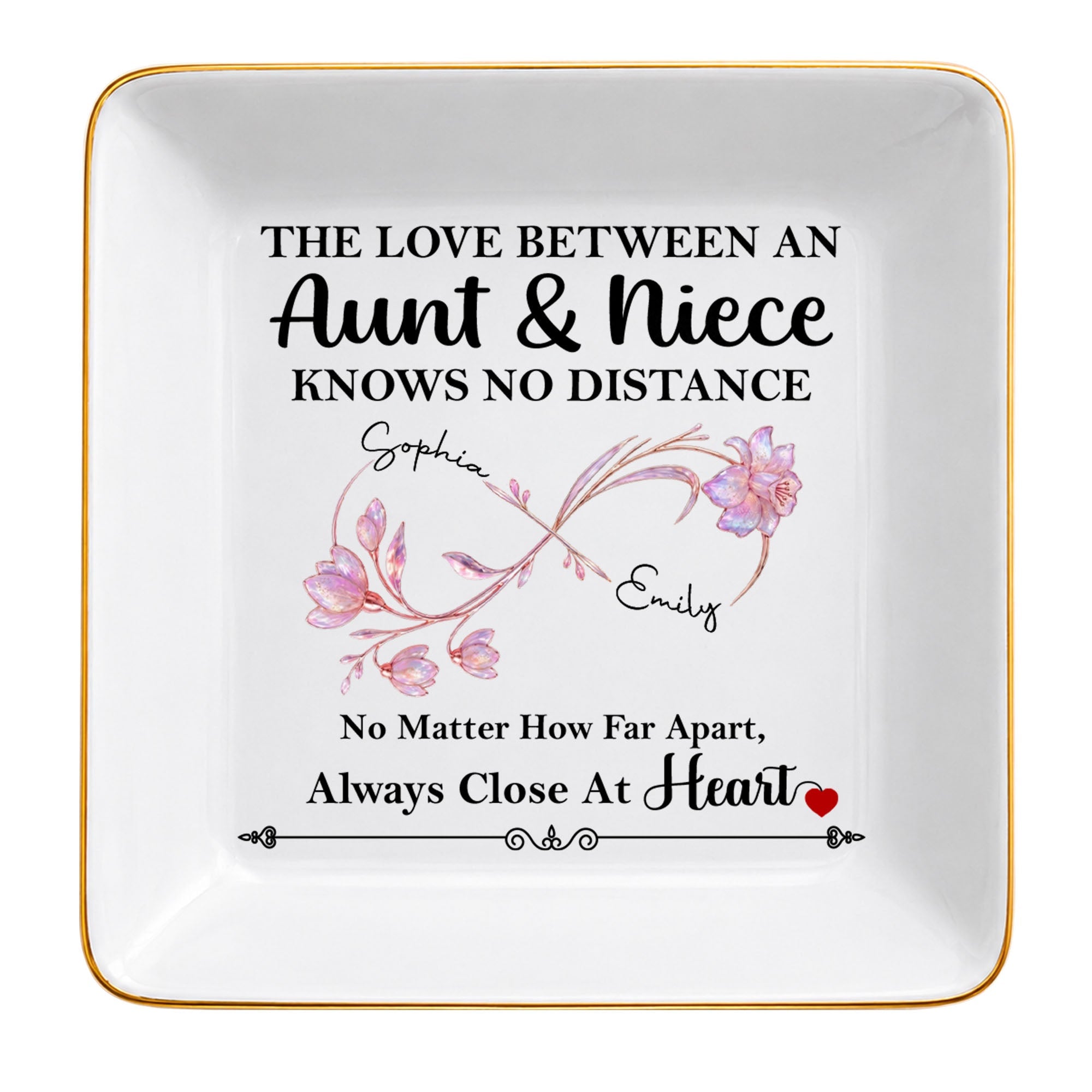 The Love Between An Aunt And Niece Birth Month Flowers Infinity - Personalized Custom Jewelry Dish, Square Ceramic Dish - AUNT031_SCRD