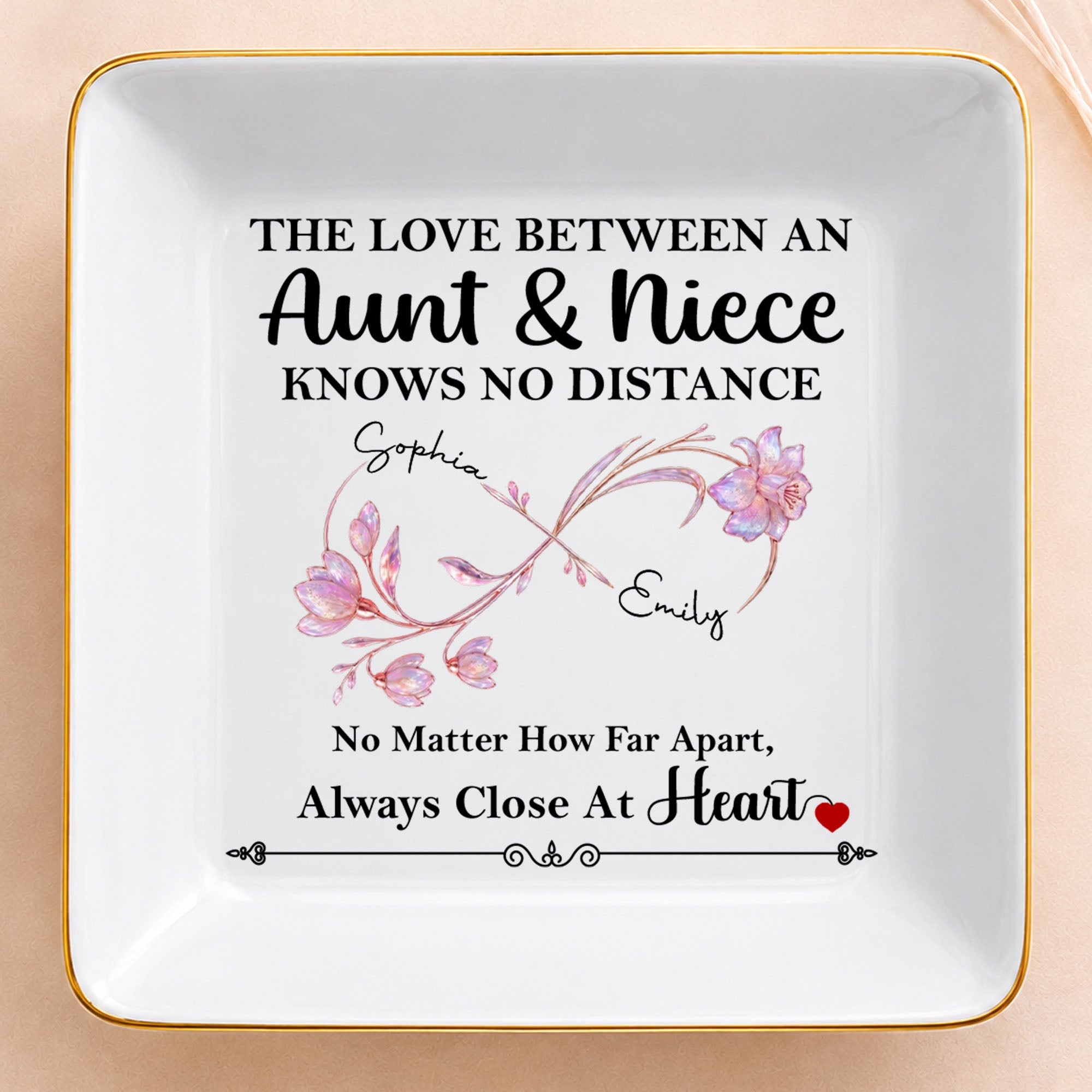 The Love Between An Aunt And Niece Birth Month Flowers Infinity - Personalized Custom Jewelry Dish, Square Ceramic Dish - AUNT031_SCRD