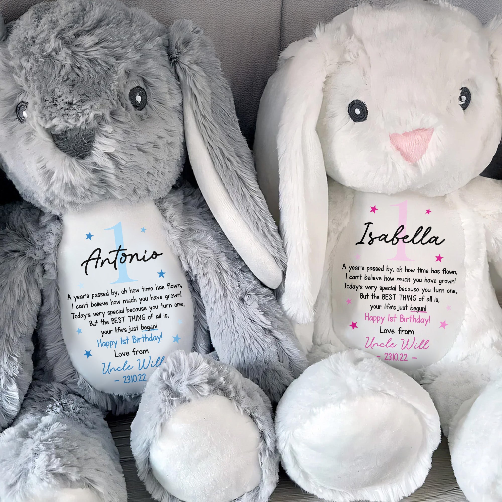 Happy 1st Birthday Your Life's Just Begun With Stars - Personalized Stuffed Bunny - BDAY006_BUN