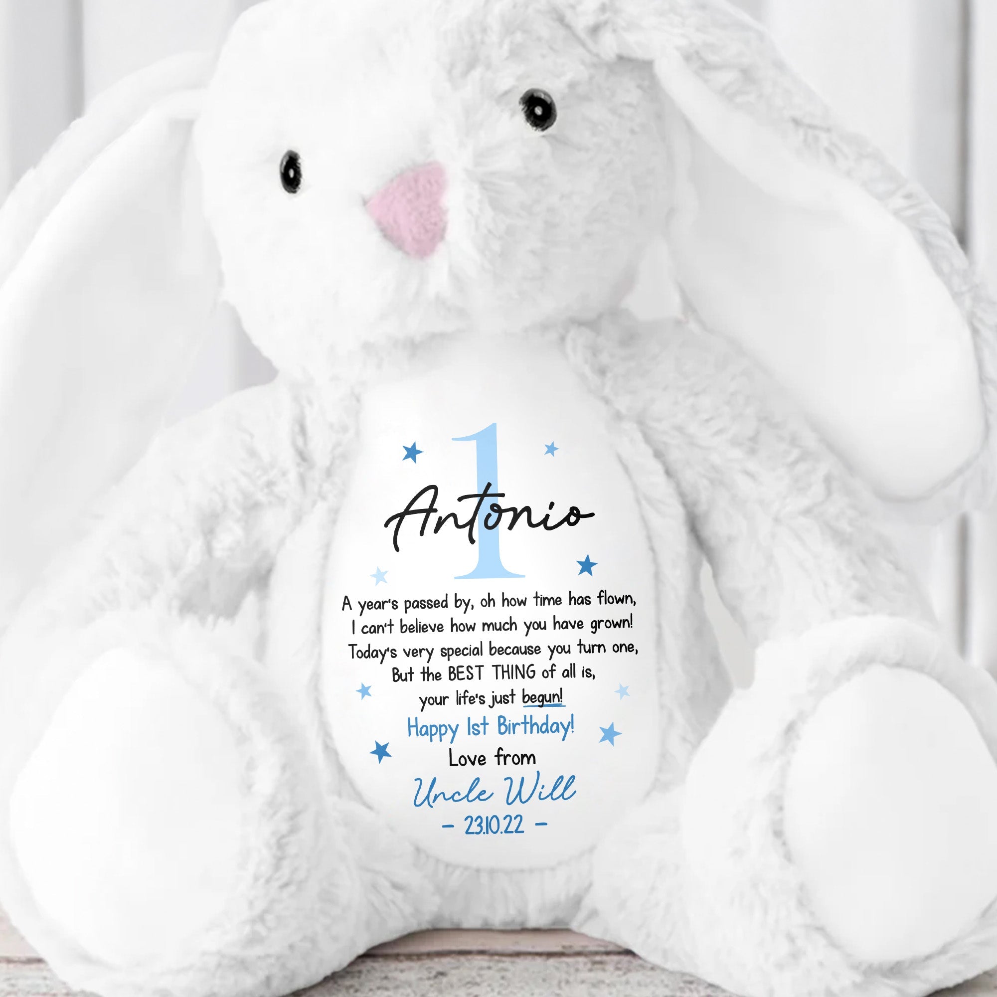 Happy 1st Birthday Your Life's Just Begun With Stars - Personalized Stuffed Bunny - BDAY006_BUN