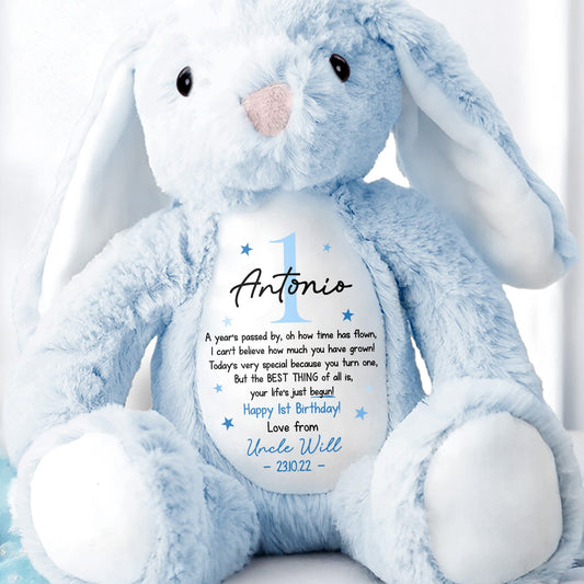 Happy 1st Birthday Your Life's Just Begun With Stars - Personalized Stuffed Bunny - BDAY006_BUN