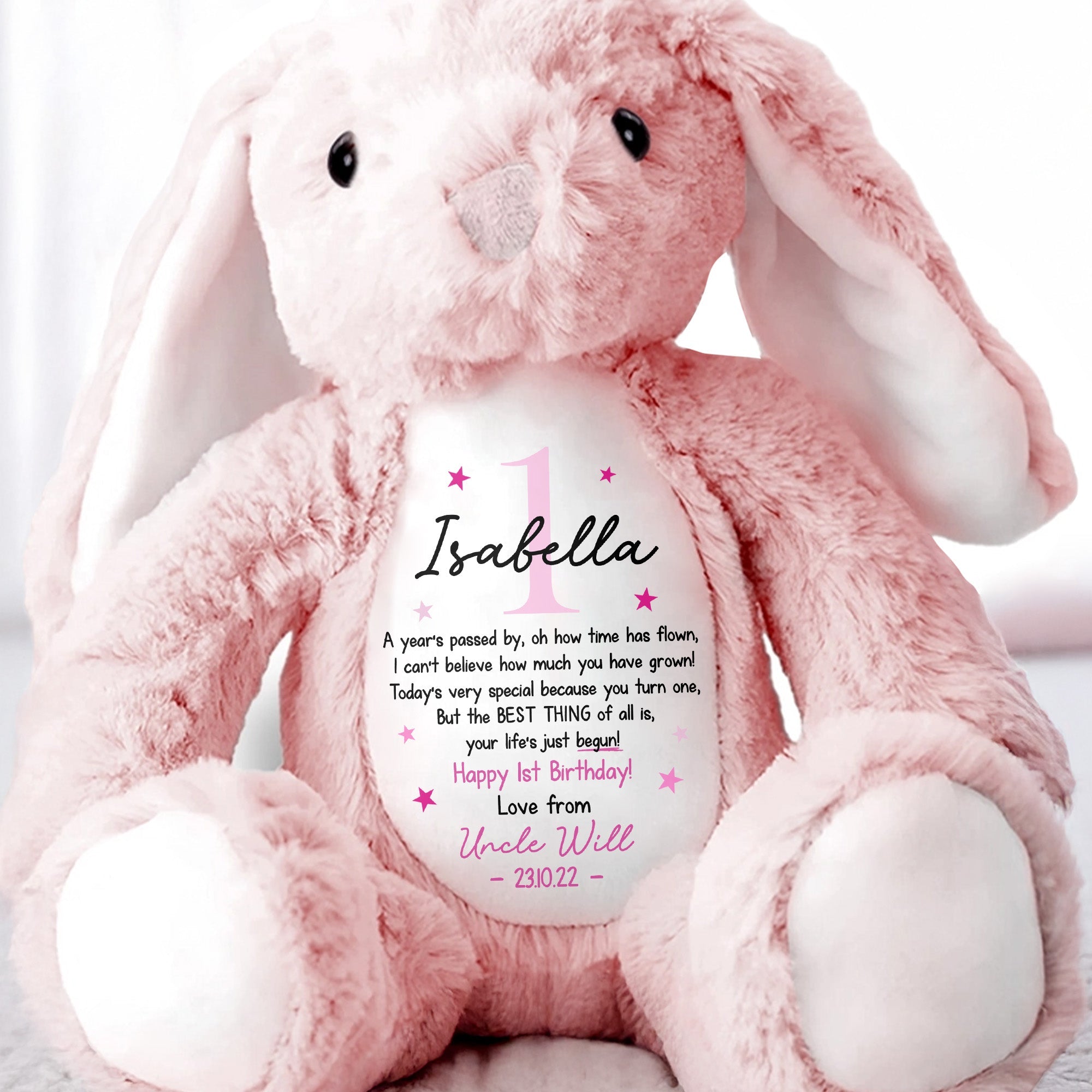 Happy 1st Birthday Your Life's Just Begun With Stars - Personalized Stuffed Bunny - BDAY006_BUN