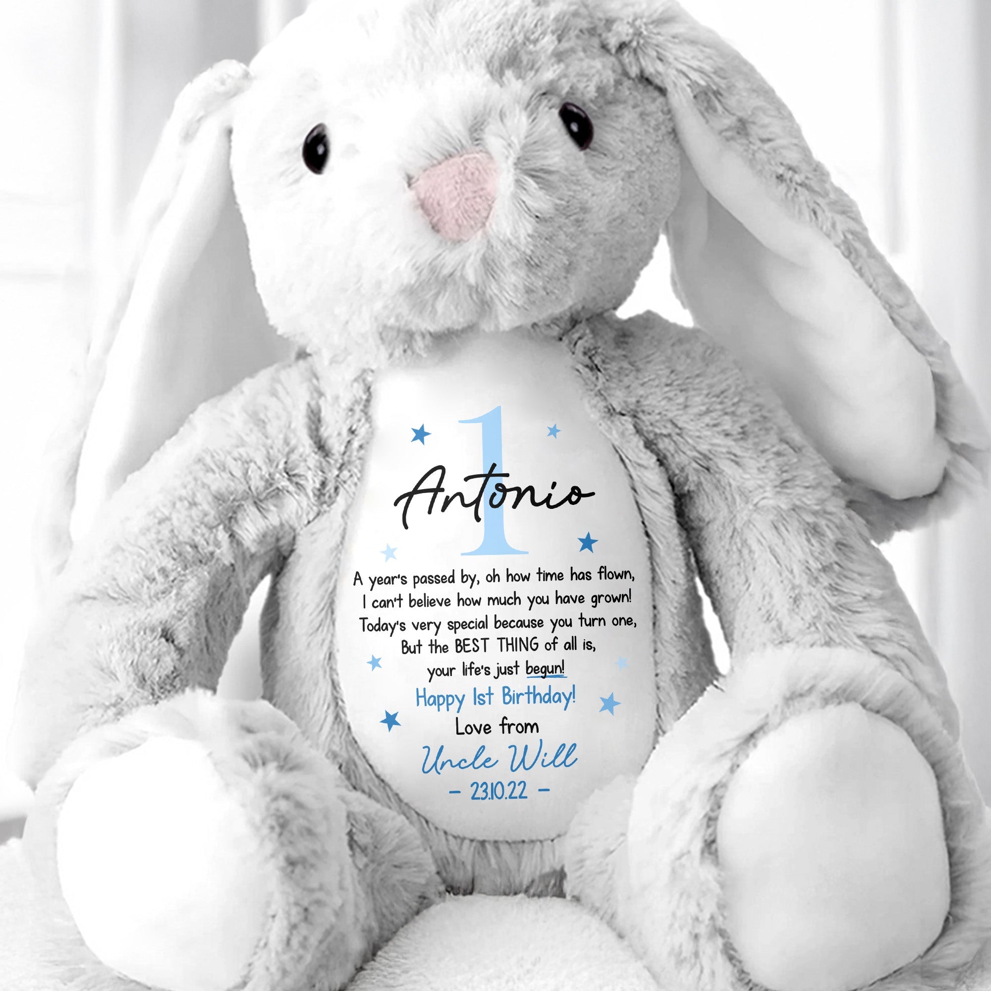 Happy 1st Birthday Your Life's Just Begun With Stars - Personalized Stuffed Bunny - BDAY006_BUN