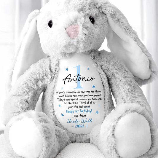 Happy 1st Birthday Your Life's Just Begun With Stars - Personalized Stuffed Bunny - BDAY006_BUN