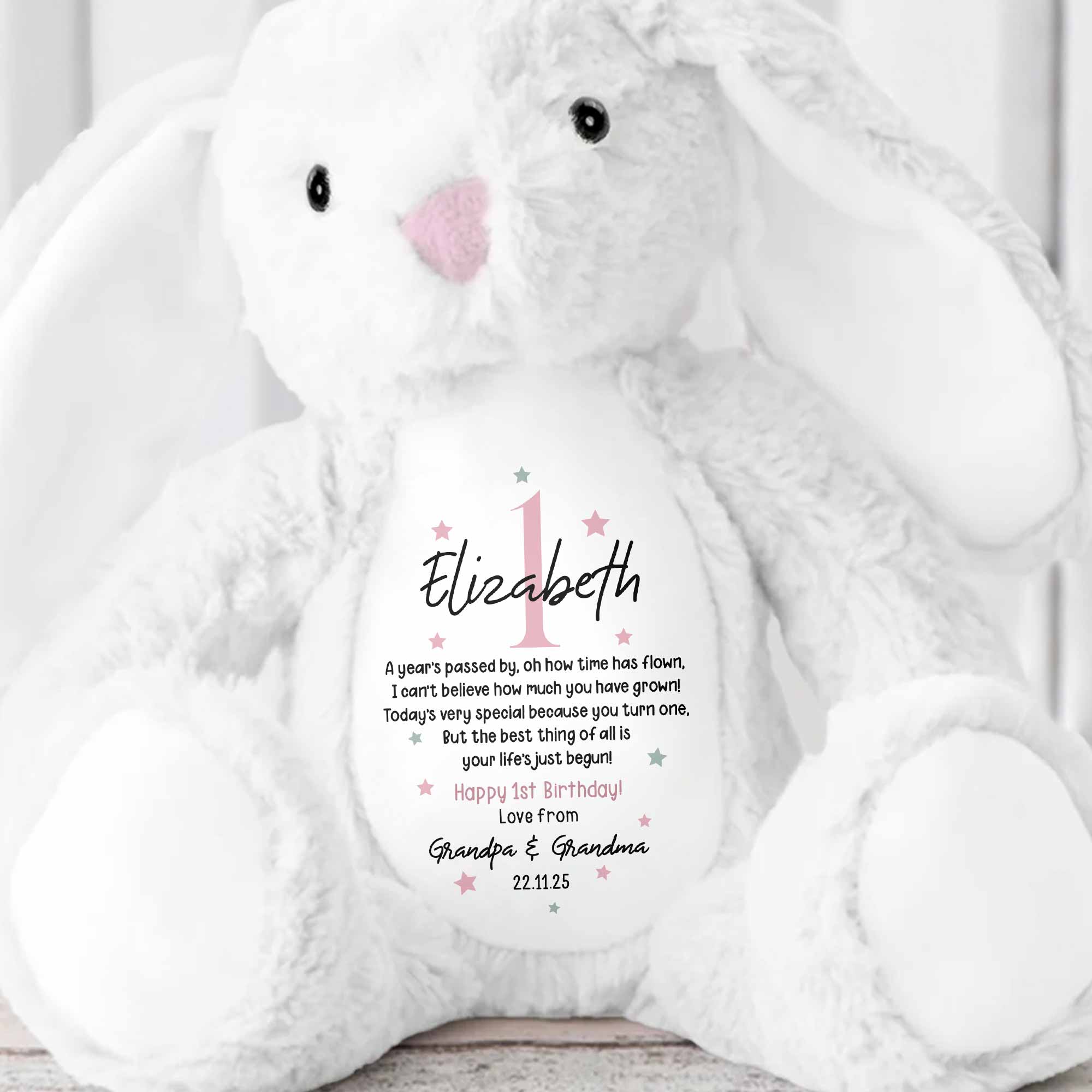 A Year's Passed By, Oh How Time Has Flown, Happy 1st Birthday, Personalized Stuffed Bunny With Stars - Personalized Stuffed Bunny - BDAY007_BUN