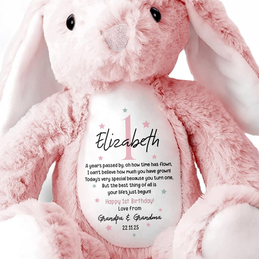 A Year's Passed By, Oh How Time Has Flown, Happy 1st Birthday, Personalized Stuffed Bunny With Stars - Personalized Stuffed Bunny - BDAY007_BUN