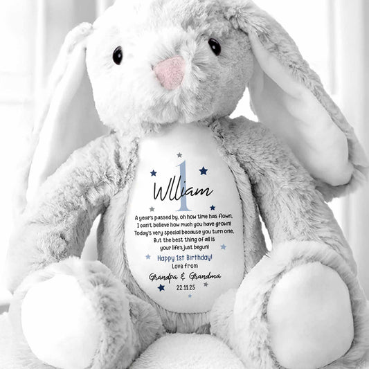 A Year's Passed By, Oh How Time Has Flown, Happy 1st Birthday, Personalized Stuffed Bunny With Stars - Personalized Stuffed Bunny - BDAY007_BUN