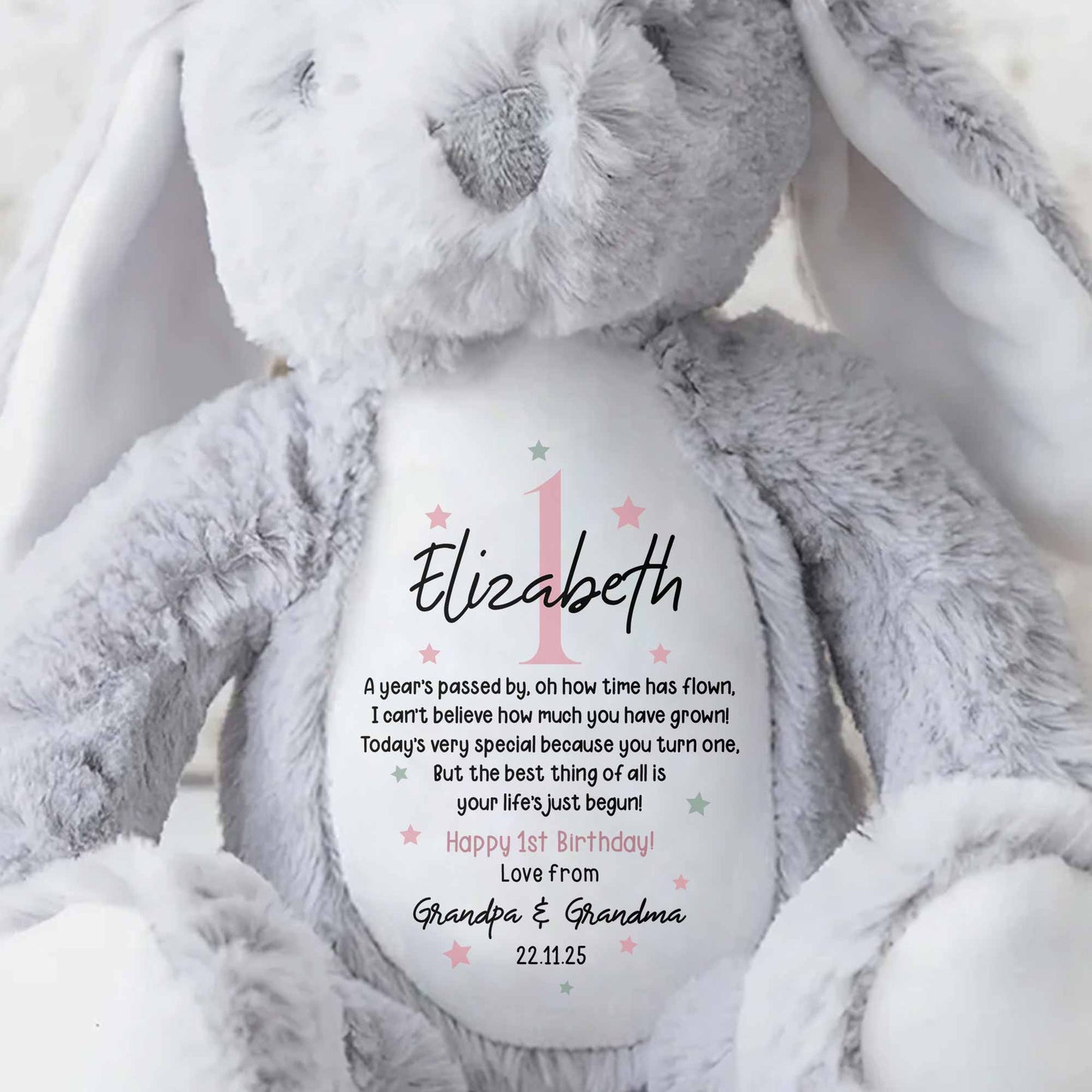 A Year's Passed By, Oh How Time Has Flown, Happy 1st Birthday, Personalized Stuffed Bunny With Stars - Personalized Stuffed Bunny - BDAY007_BUN