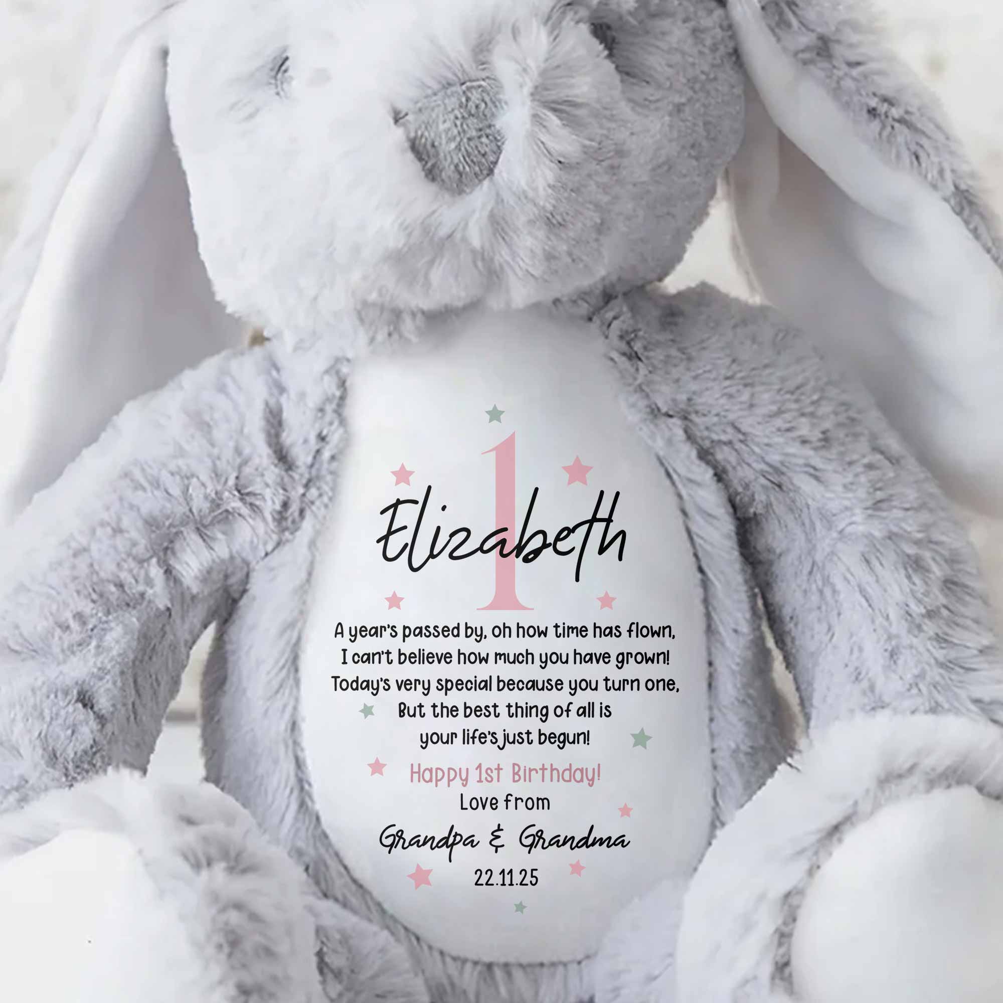 A Year's Passed By, Oh How Time Has Flown, Happy 1st Birthday, Personalized Stuffed Bunny With Stars - Personalized Stuffed Bunny - BDAY007_BUN