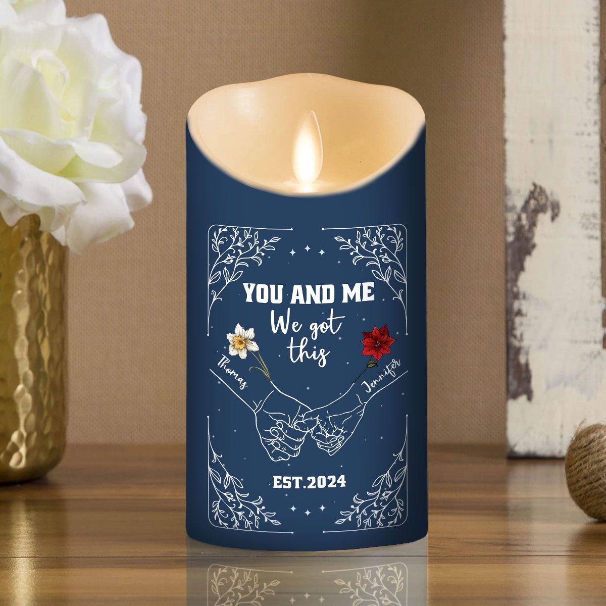 Birth Flower Hands In Hands personalized LED candle