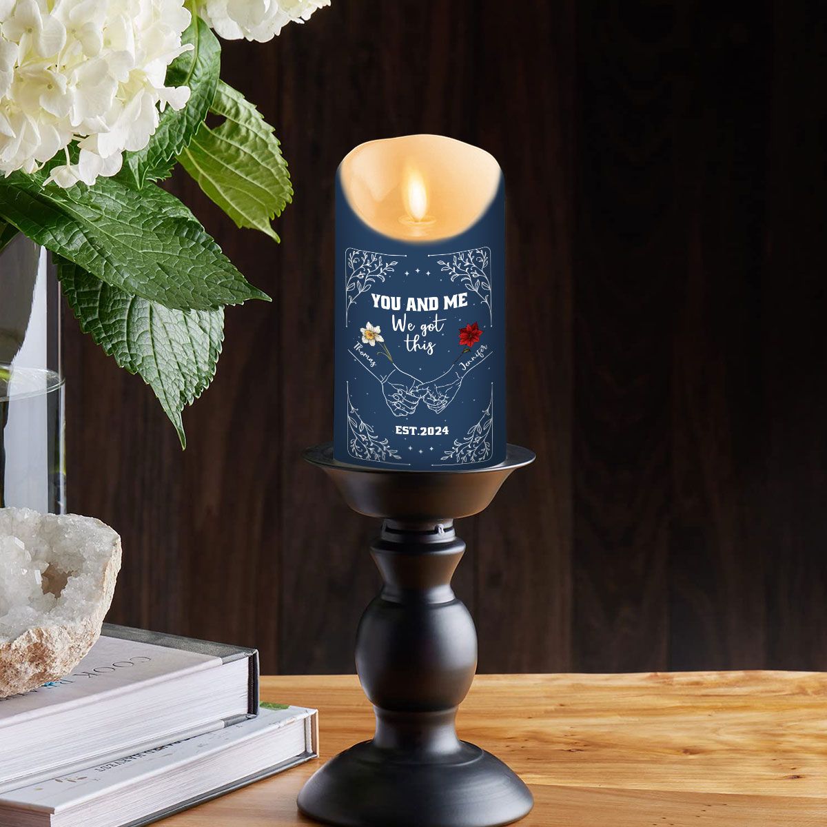 Birth Flower Hands In Hands personalized LED candle