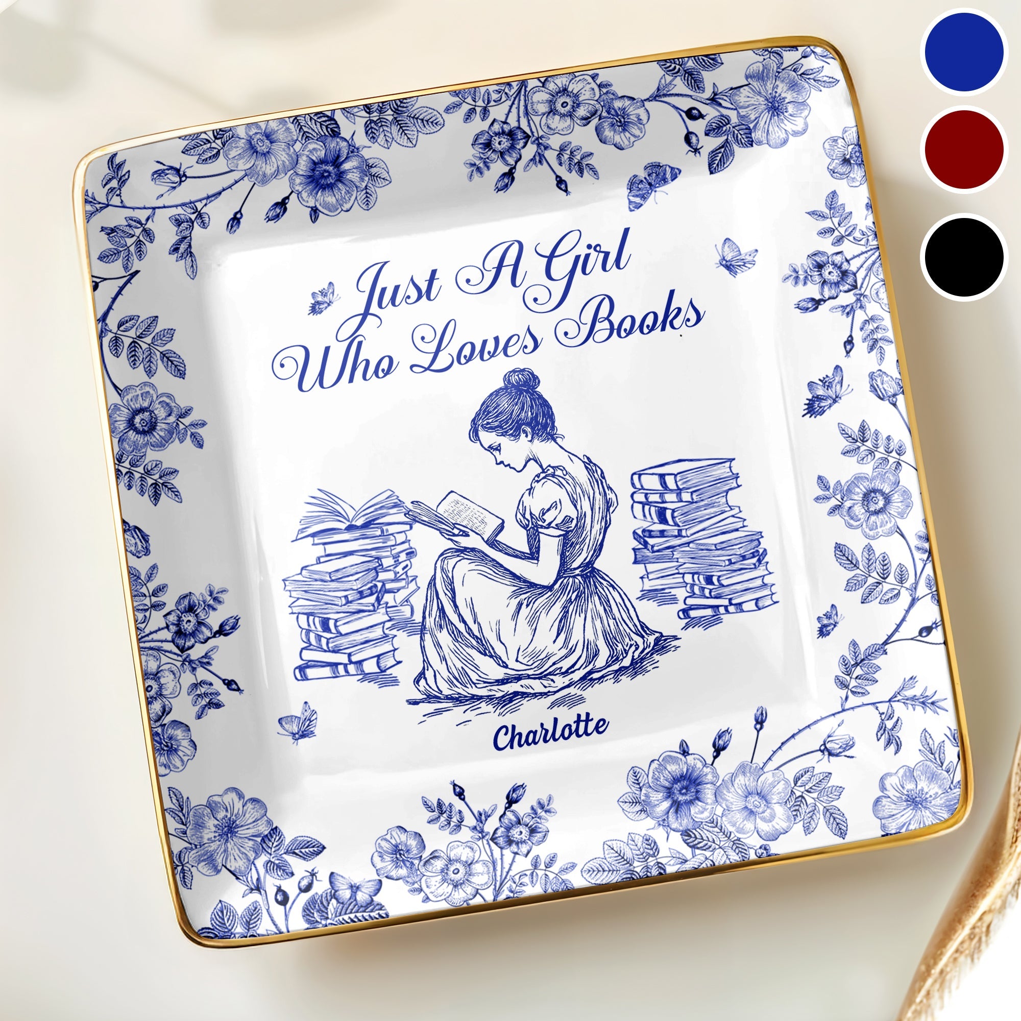 Just A Girl Who Loves Books With Girl And Flowers Design - Personalized Custom Jewelry Dish, Ceramic Dish, Square Shape - BLV005_SCRF