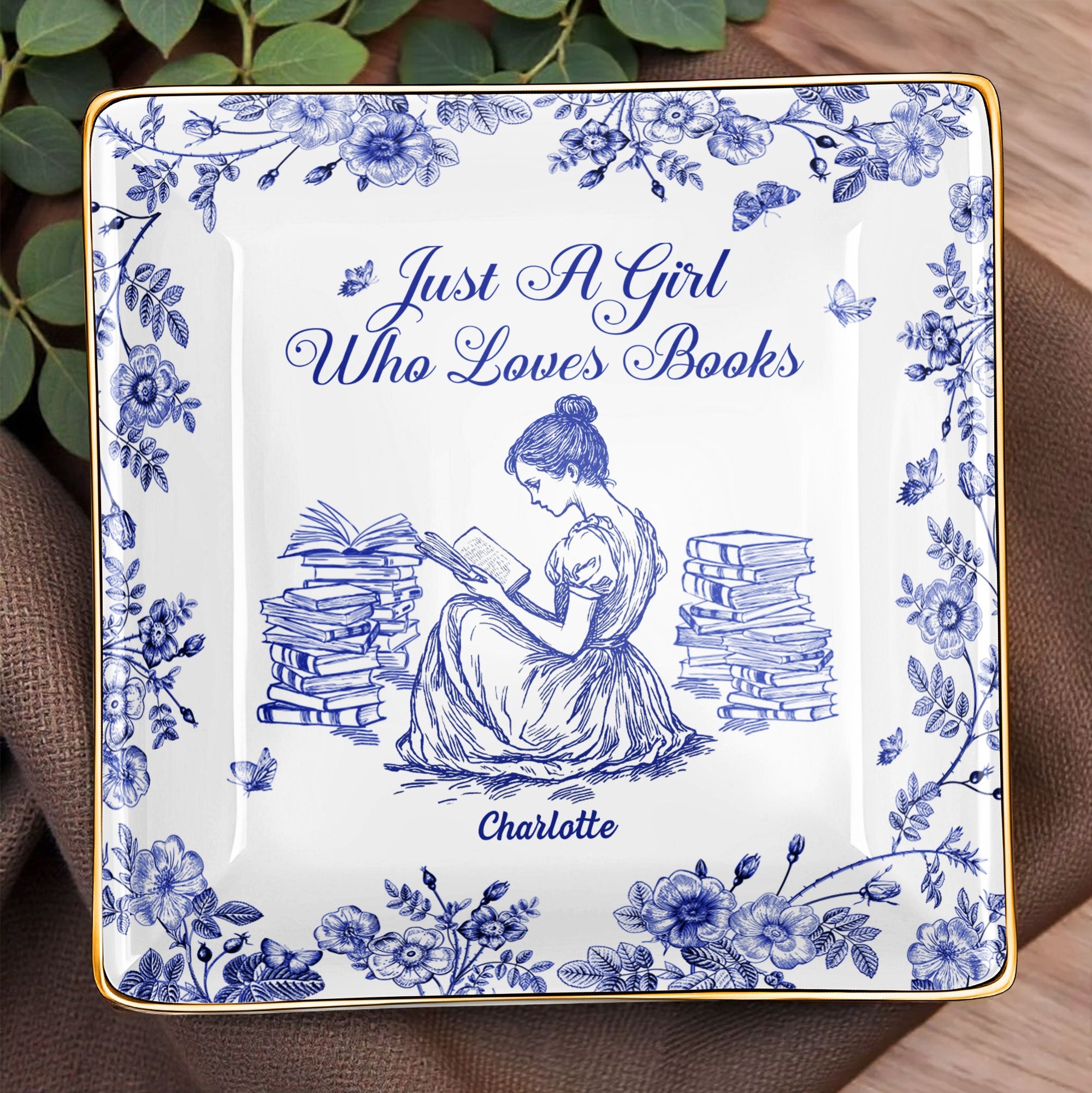Just A Girl Who Loves Books With Girl And Flowers Design - Personalized Custom Jewelry Dish, Ceramic Dish, Square Shape - BLV005_SCRF