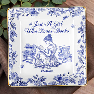Just A Girl Who Loves Books With Girl And Flowers Design - Personalized Custom Jewelry Dish, Ceramic Dish, Square Shape - BLV005_SCRF