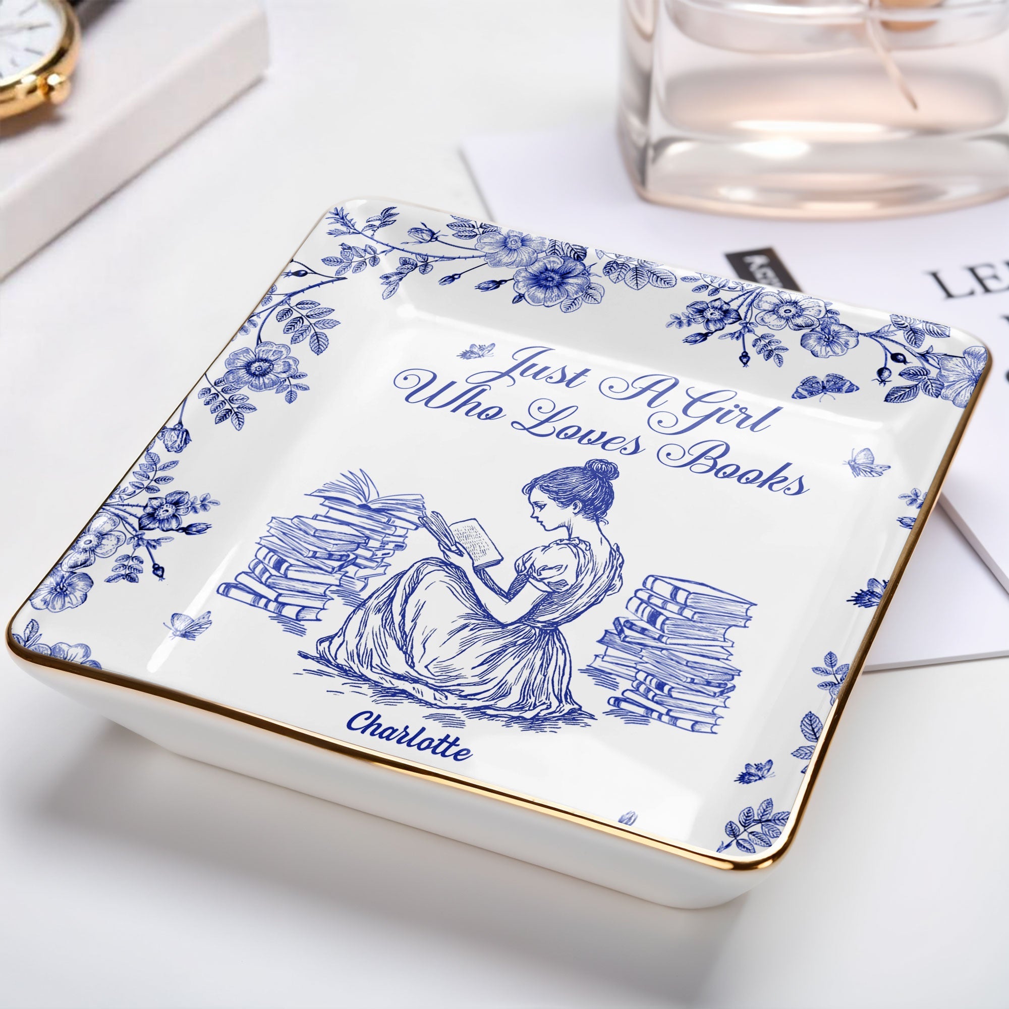 Just A Girl Who Loves Books With Girl And Flowers Design - Personalized Custom Jewelry Dish, Ceramic Dish, Square Shape - BLV005_SCRF