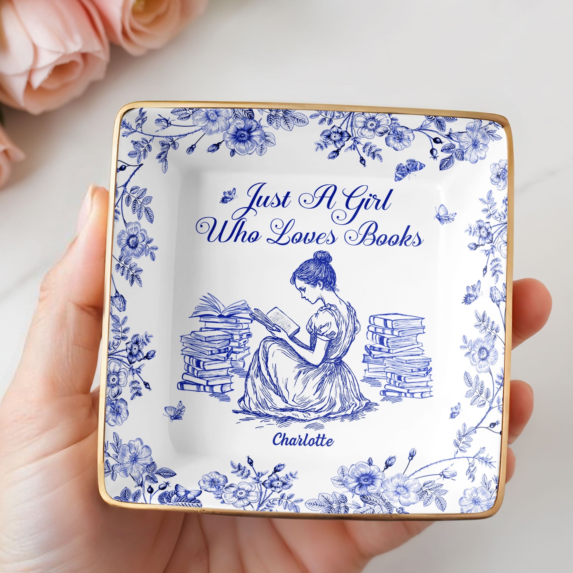 Just A Girl Who Loves Books With Girl And Flowers Design - Personalized Custom Jewelry Dish, Ceramic Dish, Square Shape - BLV005_SCRF