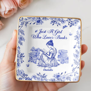 Just A Girl Who Loves Books With Girl And Flowers Design - Personalized Custom Jewelry Dish, Ceramic Dish, Square Shape - BLV005_SCRF