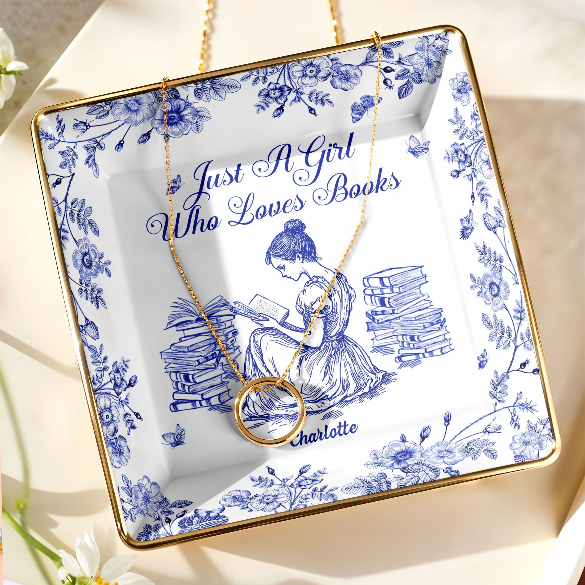 Just A Girl Who Loves Books With Girl And Flowers Design - Personalized Custom Jewelry Dish, Ceramic Dish, Square Shape - BLV005_SCRF