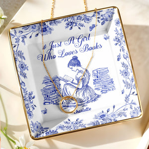 Just A Girl Who Loves Books With Girl And Flowers Design - Personalized Custom Jewelry Dish, Ceramic Dish, Square Shape - BLV005_SCRF