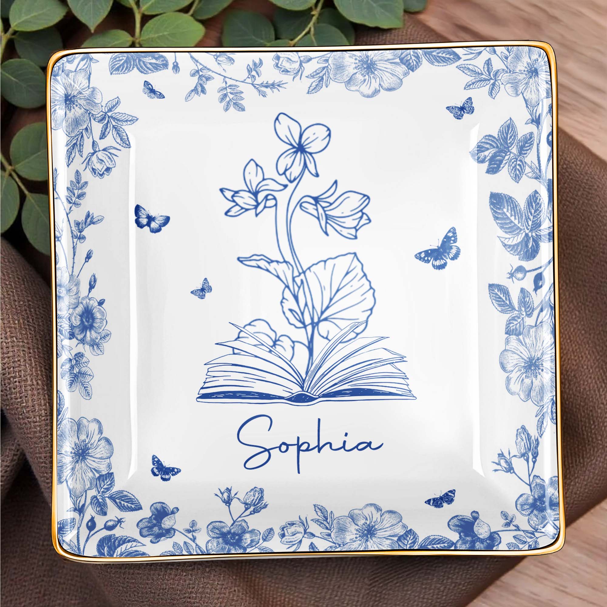 Sophia With Flowers, Butterflies, And An Open Book - Personalized Custom Jewelry Dish, Ceramic Dish, Square Shape - BLV006_SCRF