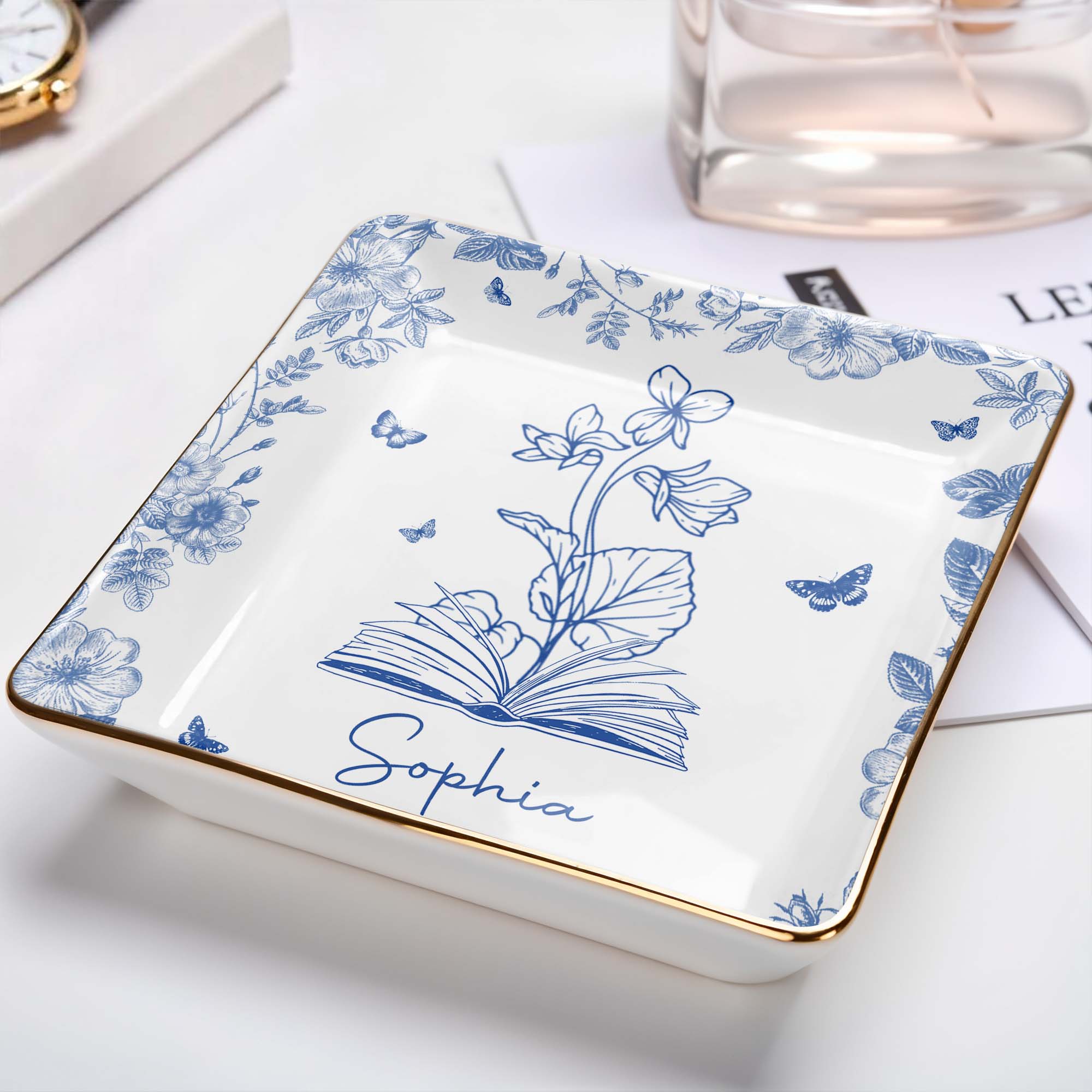 Sophia With Flowers, Butterflies, And An Open Book - Personalized Custom Jewelry Dish, Ceramic Dish, Square Shape - BLV006_SCRF