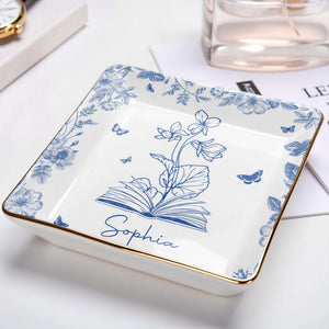 Sophia With Flowers, Butterflies, And An Open Book - Personalized Custom Jewelry Dish, Ceramic Dish, Square Shape - BLV006_SCRF