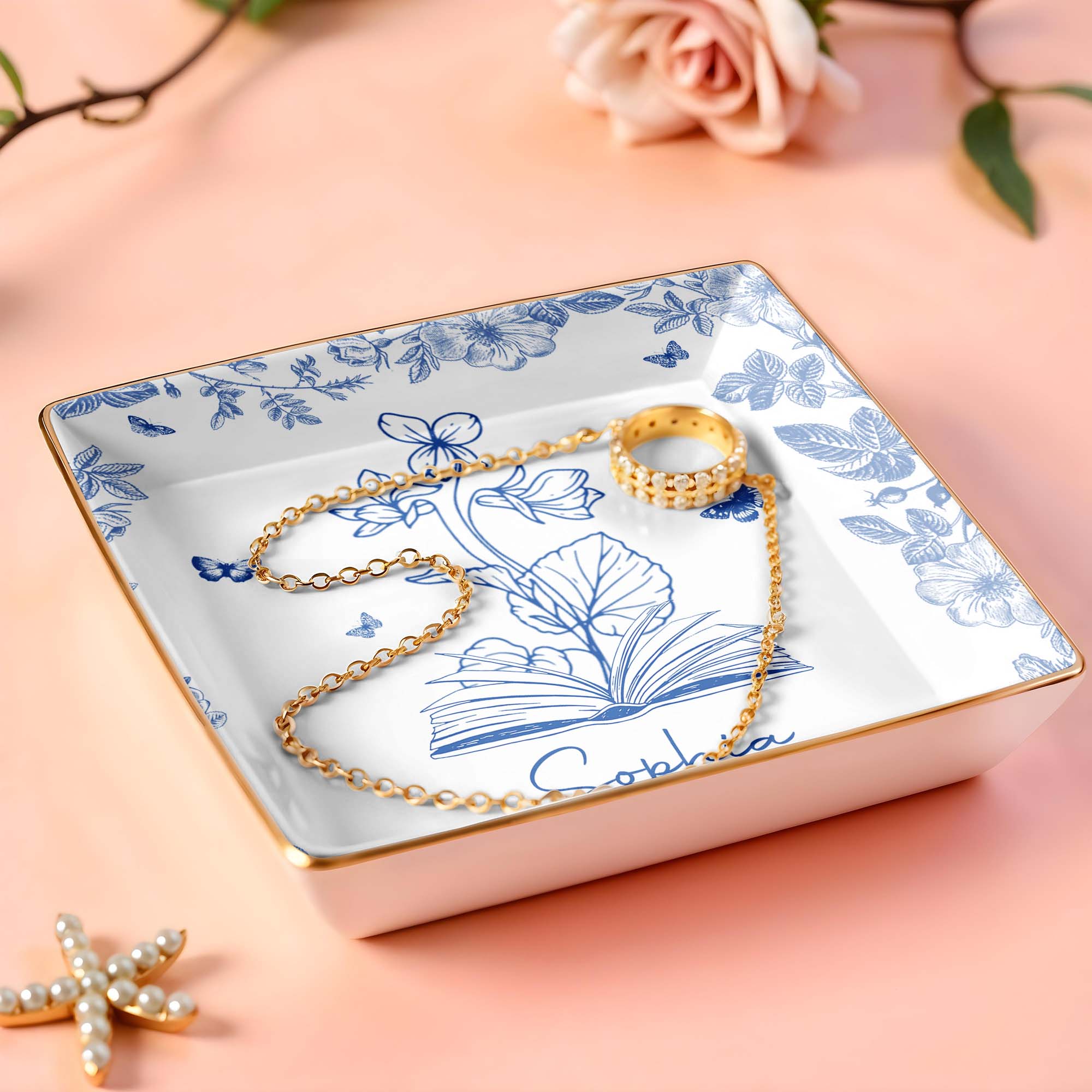 Sophia With Flowers, Butterflies, And An Open Book - Personalized Custom Jewelry Dish, Ceramic Dish, Square Shape - BLV006_SCRF