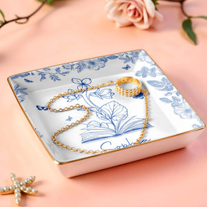Sophia With Flowers, Butterflies, And An Open Book - Personalized Custom Jewelry Dish, Ceramic Dish, Square Shape - BLV006_SCRF