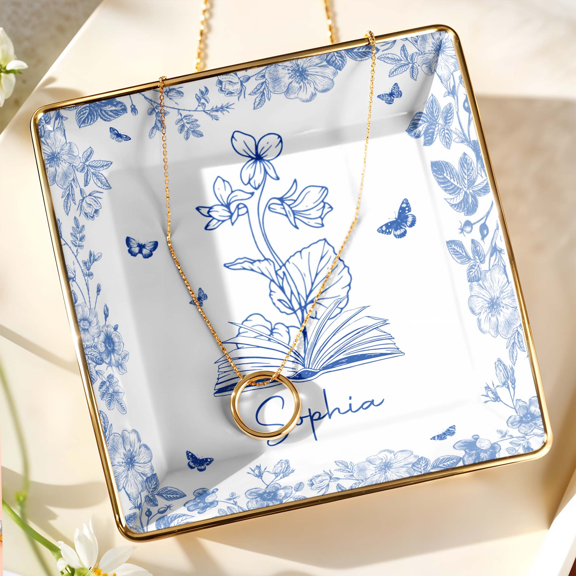 Sophia With Flowers, Butterflies, And An Open Book - Personalized Custom Jewelry Dish, Ceramic Dish, Square Shape - BLV006_SCRF