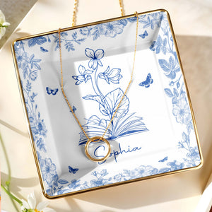 Sophia With Flowers, Butterflies, And An Open Book - Personalized Custom Jewelry Dish, Ceramic Dish, Square Shape - BLV006_SCRF