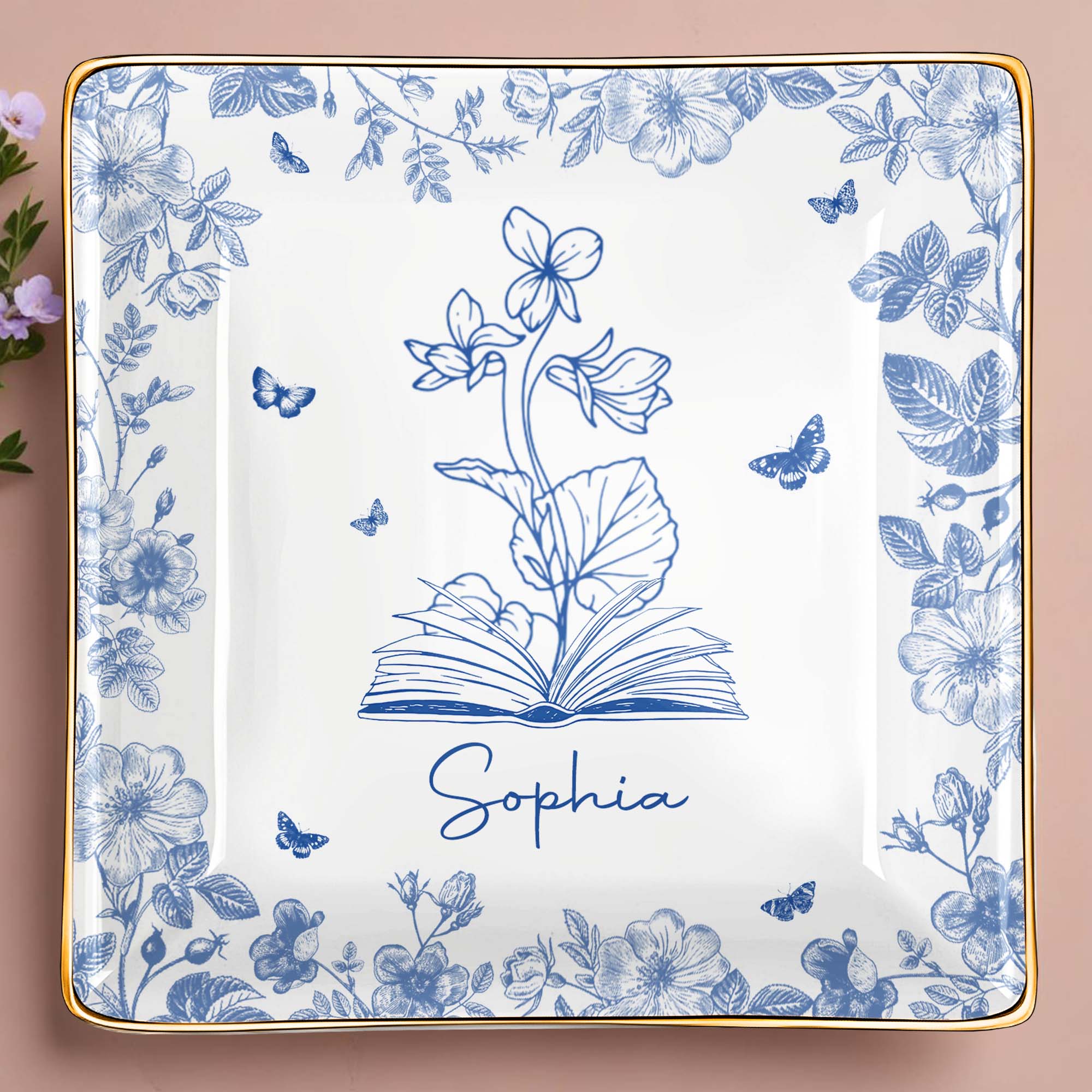 Sophia With Flowers, Butterflies, And An Open Book - Personalized Custom Jewelry Dish, Ceramic Dish, Square Shape - BLV006_SCRF