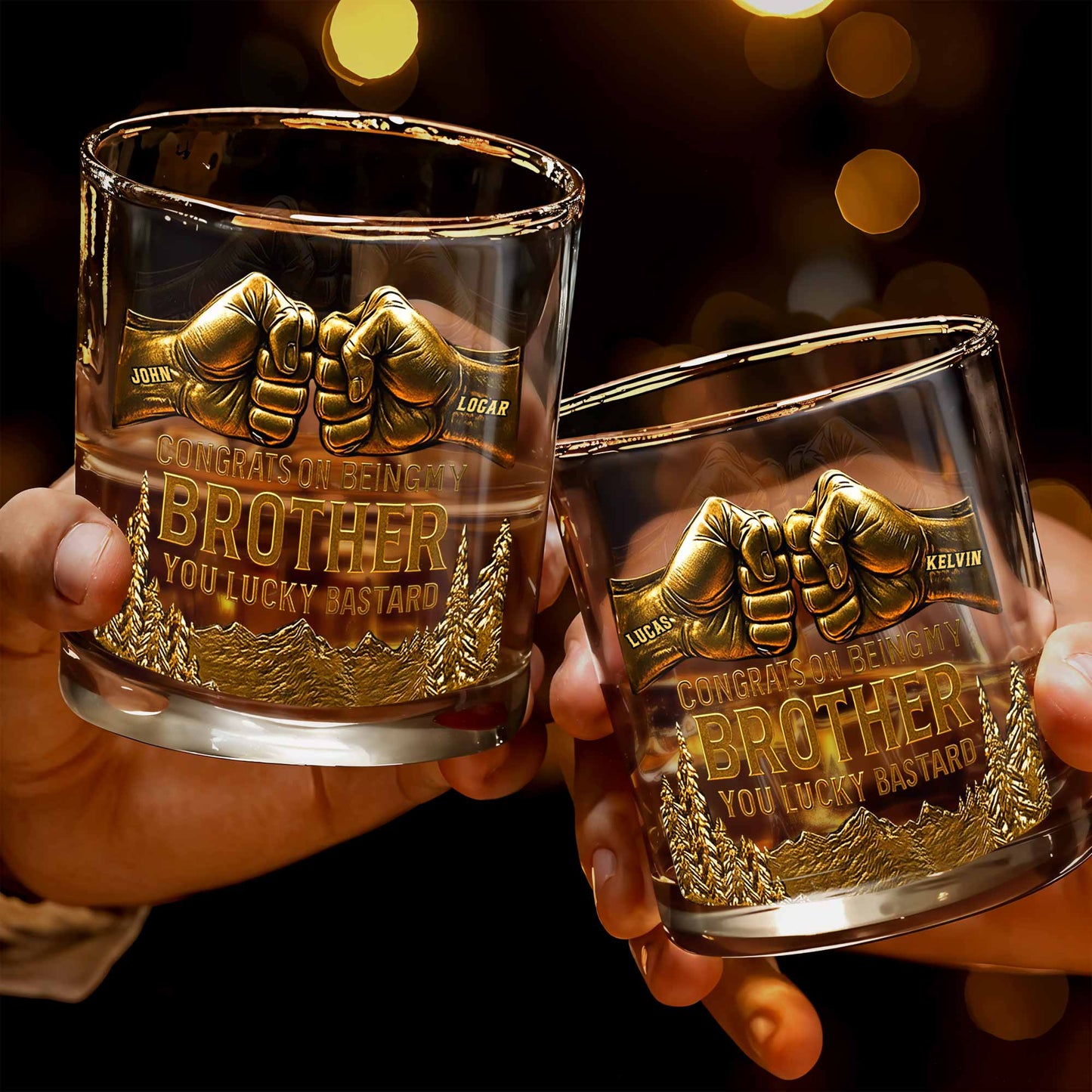 Congrats On Being My Brother, Fist Bump And Mountains Design - Personalized Custom Whiskey Glass - BRT004_RWG