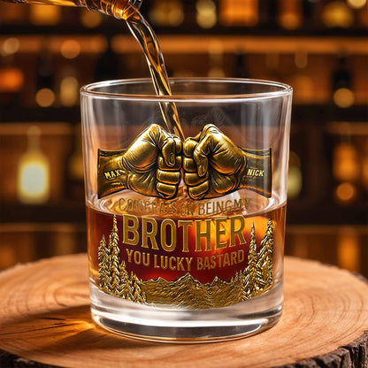Congrats On Being My Brother, Fist Bump And Mountains Design - Personalized Custom Whiskey Glass - BRT004_RWG