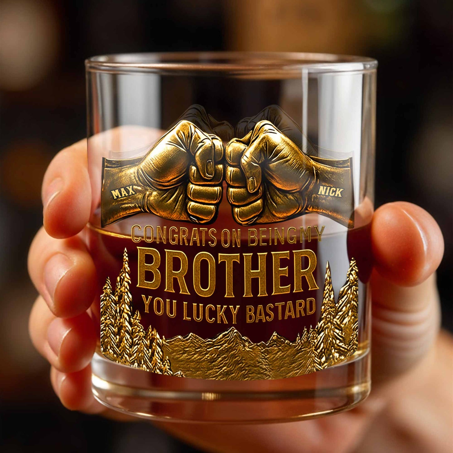 Congrats On Being My Brother, Fist Bump And Mountains Design - Personalized Custom Whiskey Glass - BRT004_RWG
