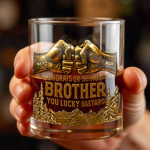 Congrats On Being My Brother, Fist Bump And Mountains Design - Personalized Custom Whiskey Glass - BRT004_RWG