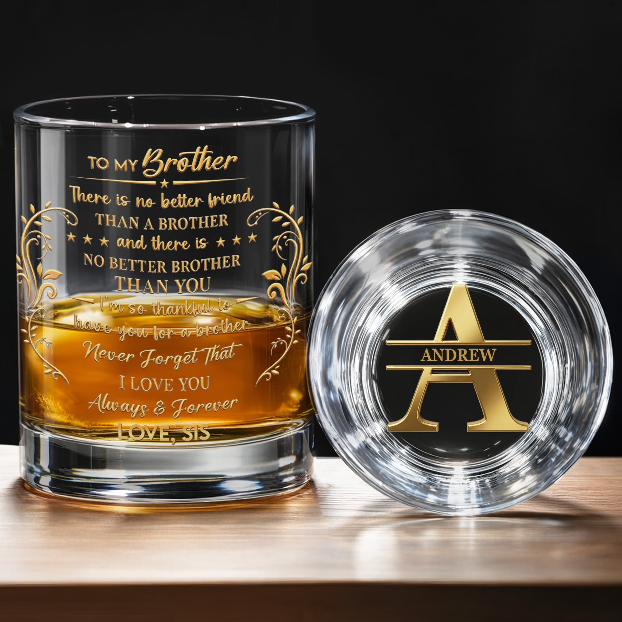 To My Brother No Better Friend Monogram Initial And Stars - Personalized Whiskey Glass - BRT009_PRIWI