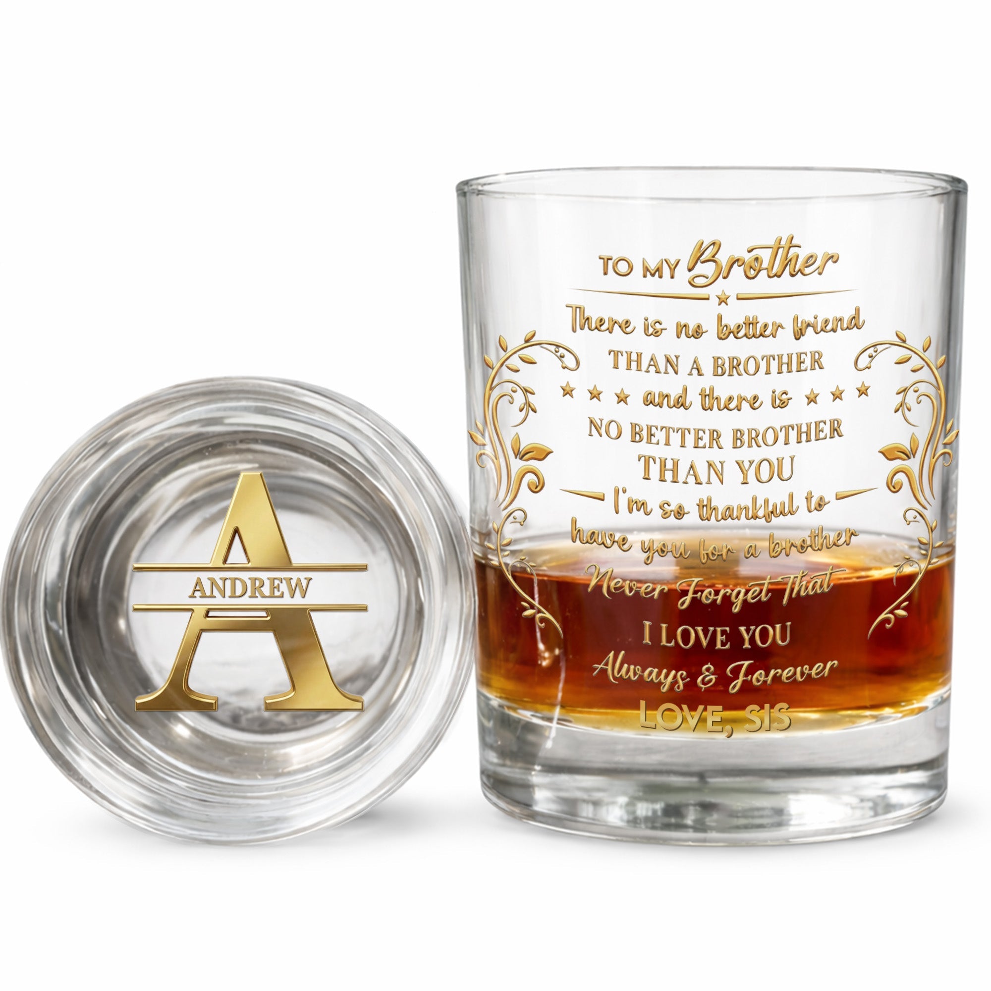 To My Brother No Better Friend Monogram Initial And Stars - Personalized Whiskey Glass - BRT009_PRIWI