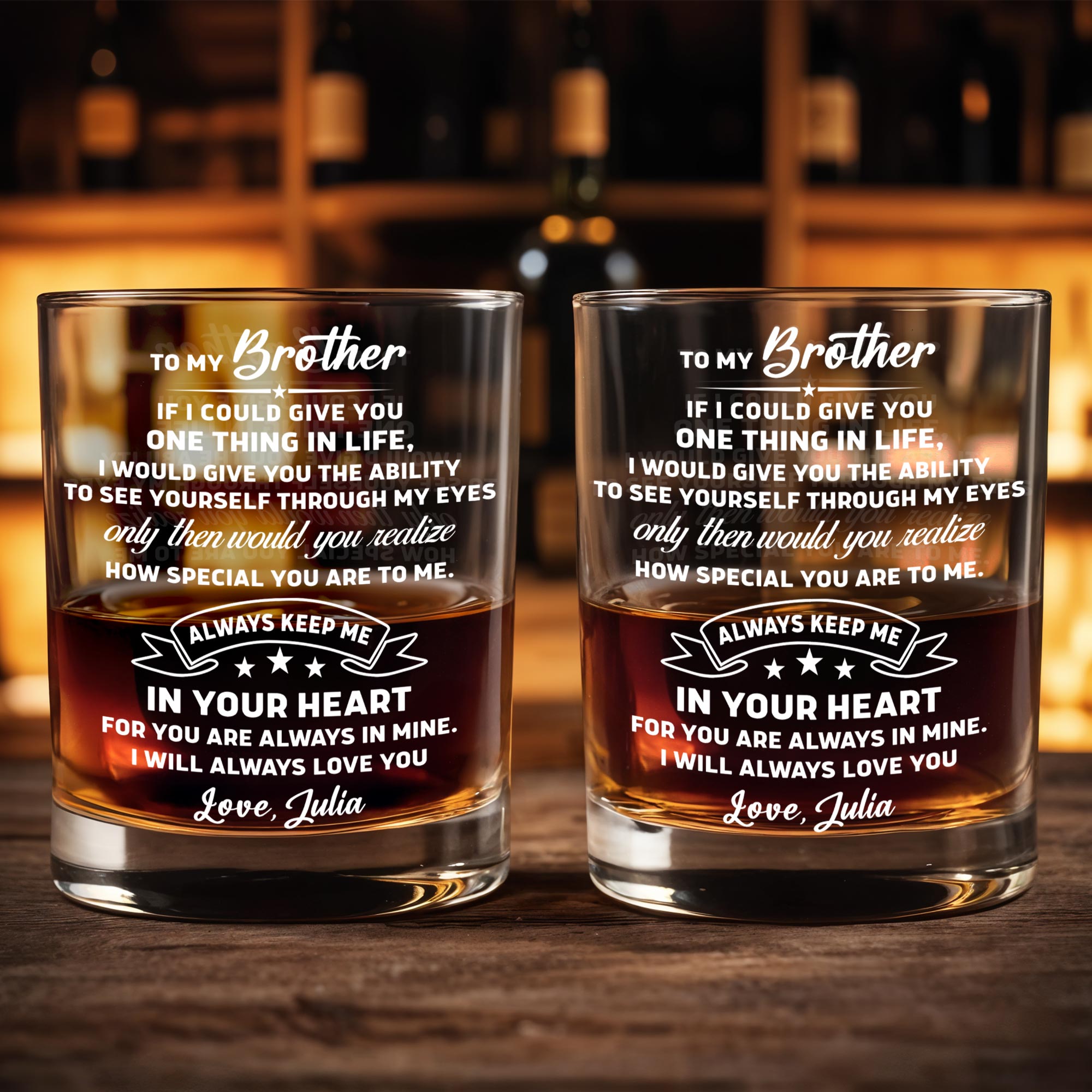 To My Brother, Always Keep Me In Your Heart - Personalized Custom Whiskey Glass - BRT018_RWG