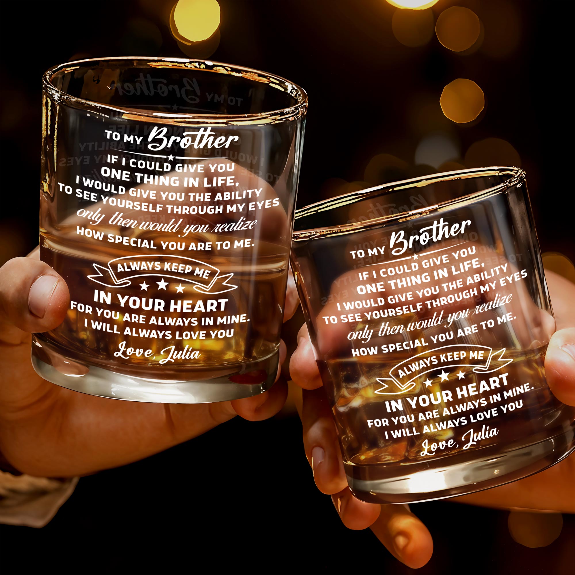To My Brother, Always Keep Me In Your Heart - Personalized Custom Whiskey Glass - BRT018_RWG