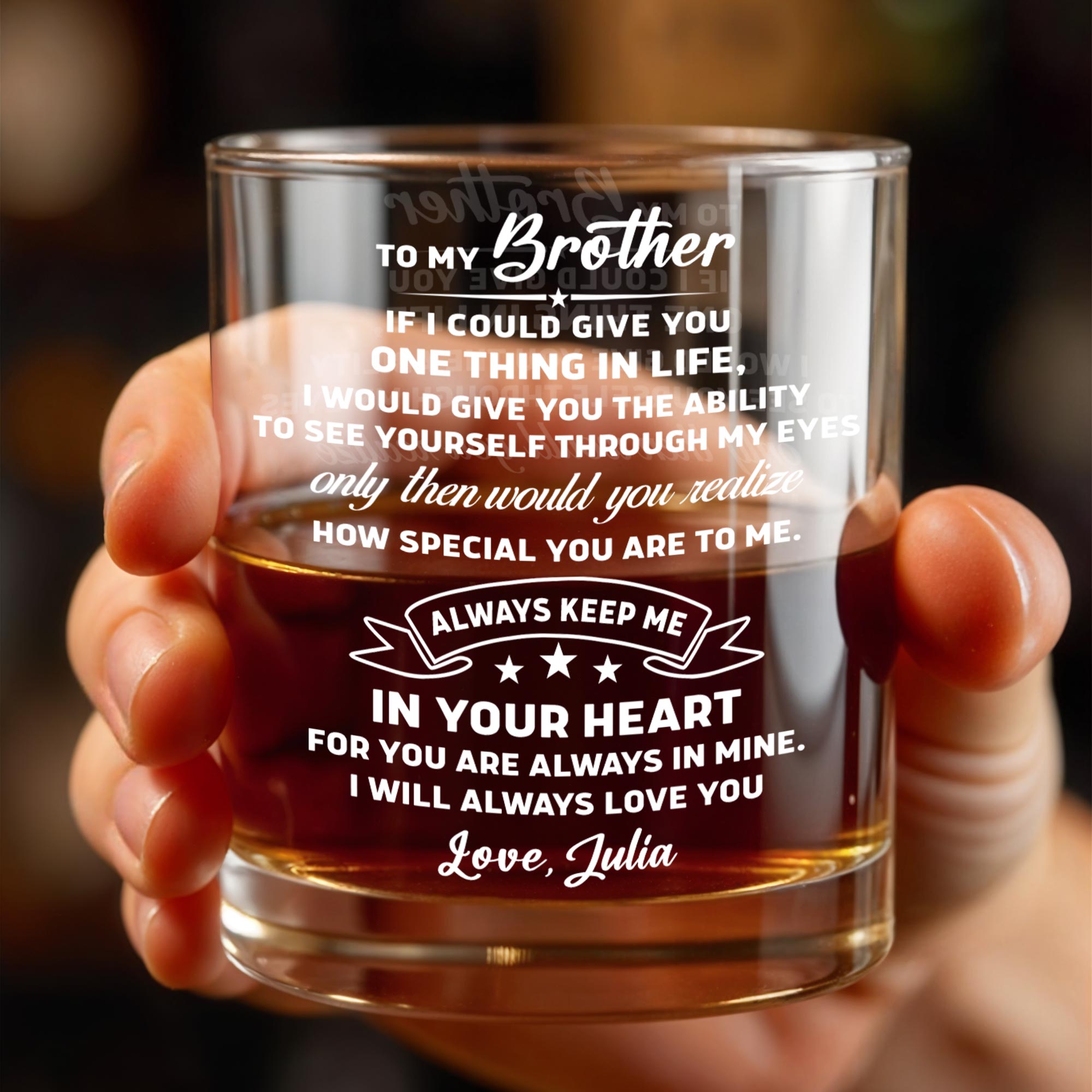 To My Brother, Always Keep Me In Your Heart - Personalized Custom Whiskey Glass - BRT018_RWG