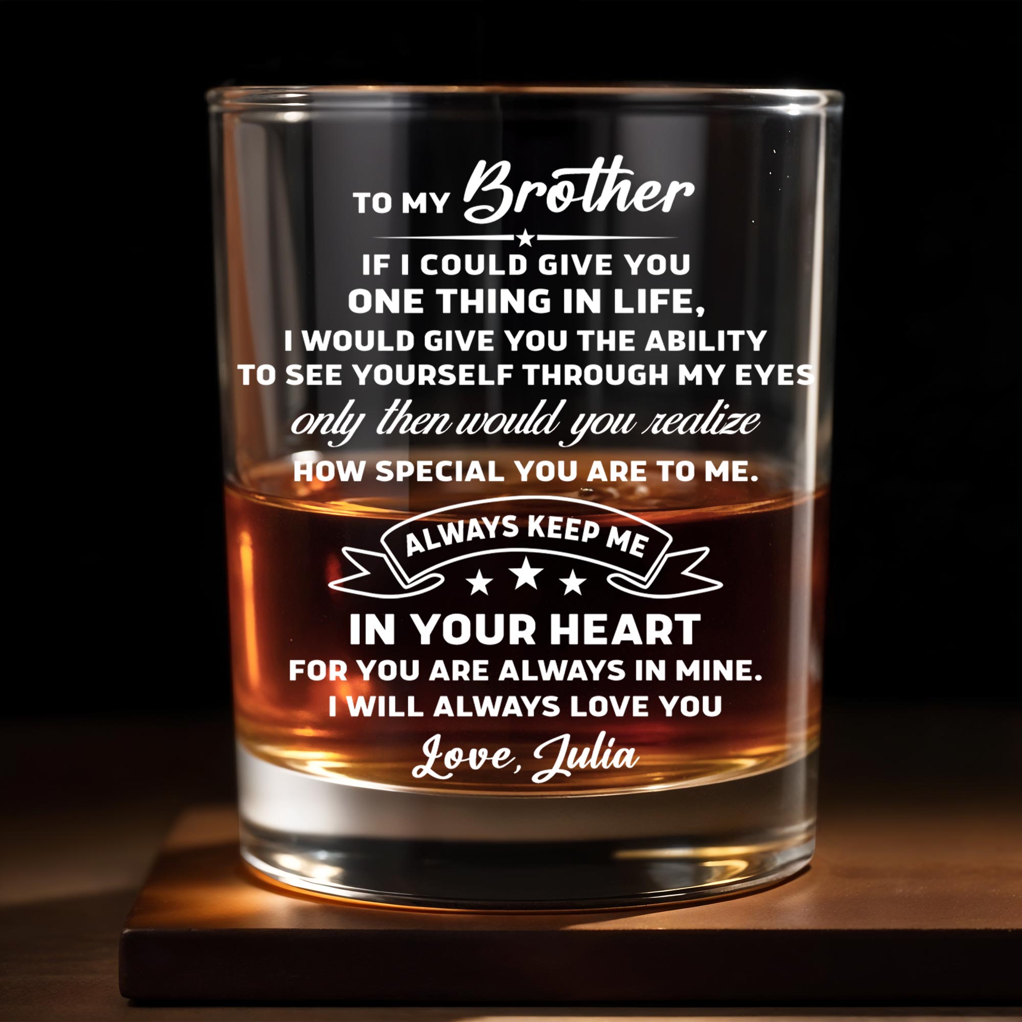 To My Brother, Always Keep Me In Your Heart - Personalized Custom Whiskey Glass - BRT018_RWG