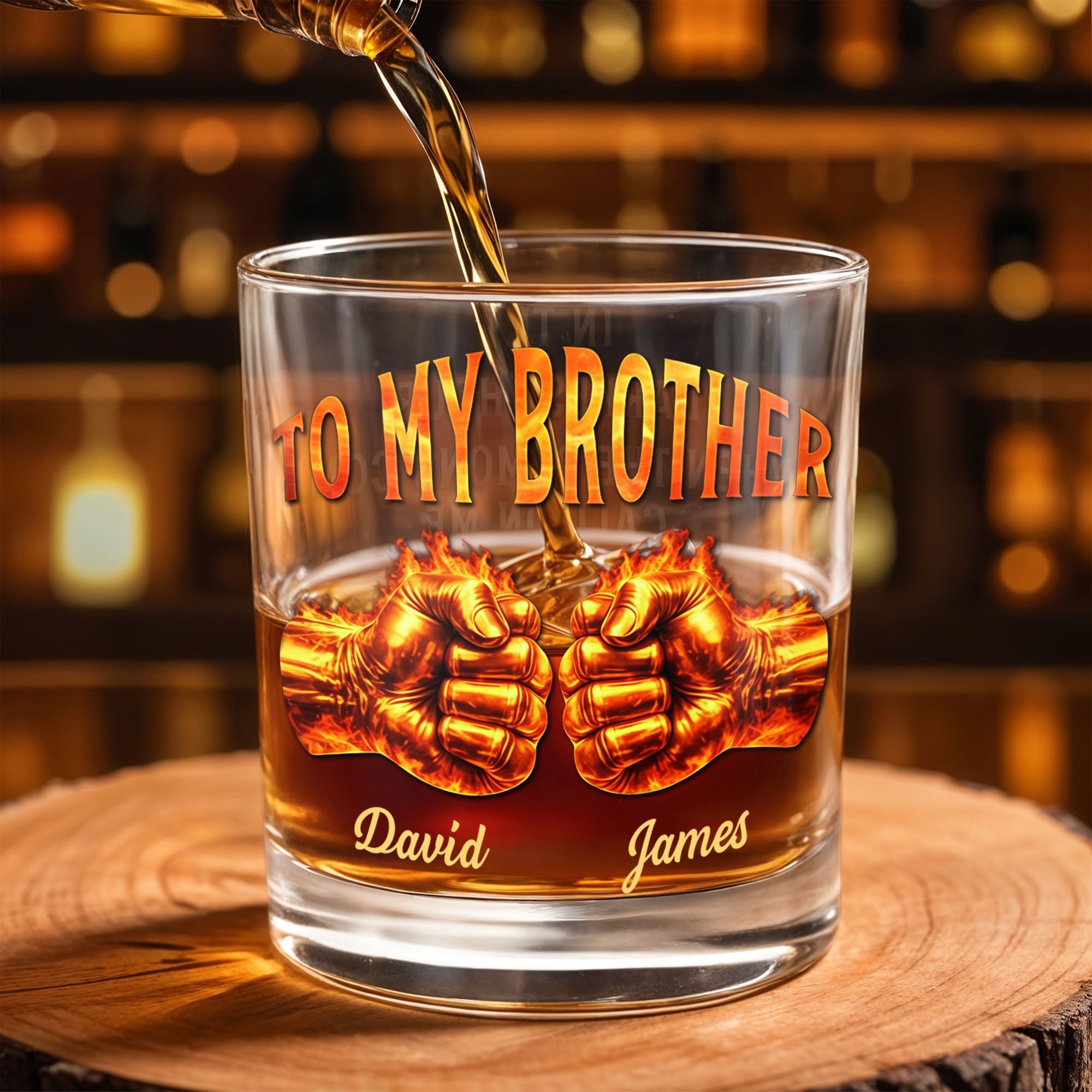 To My Brother Flaming Fists Of Bond And Strength - Personalized Custom Whiskey Glass - BRT031_RWG