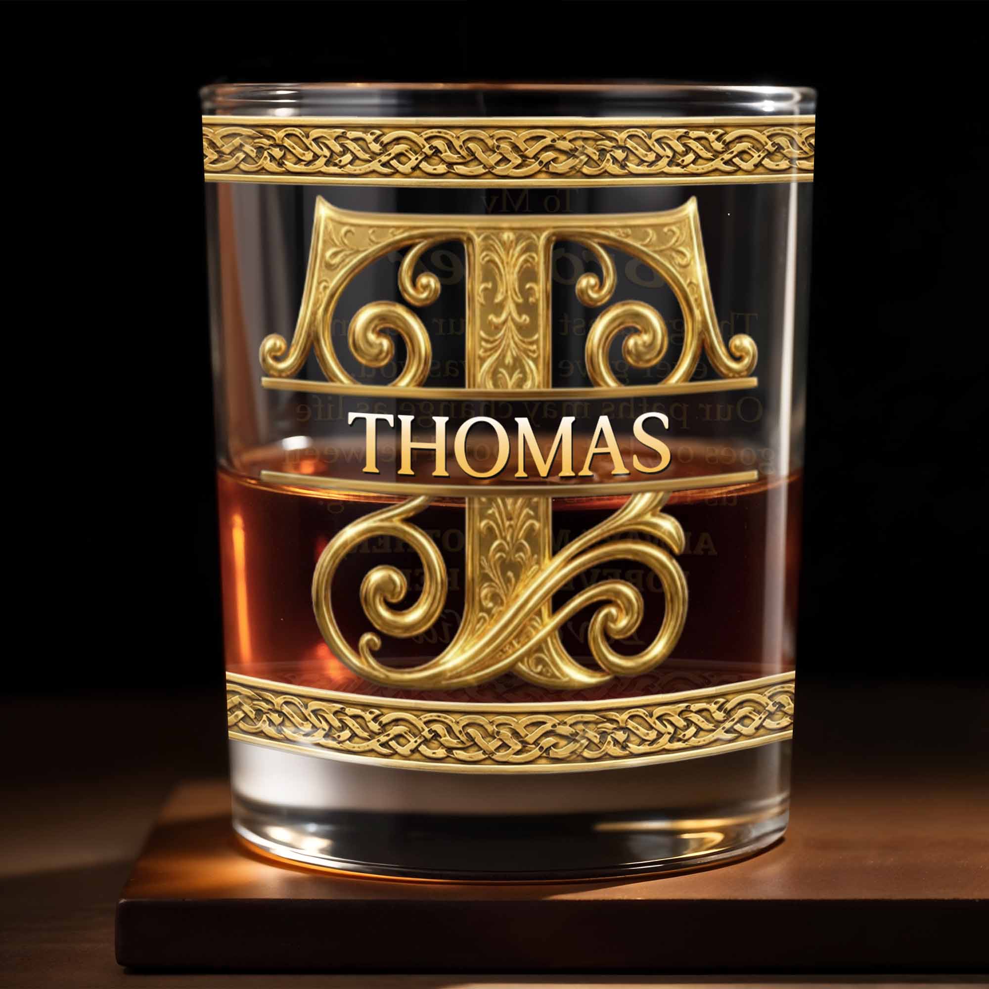 Personalized Initial And Name With 3D Golden Gothic Medieval Ornaments - Personalized Custom Whiskey Glass - BRT037_RWG
